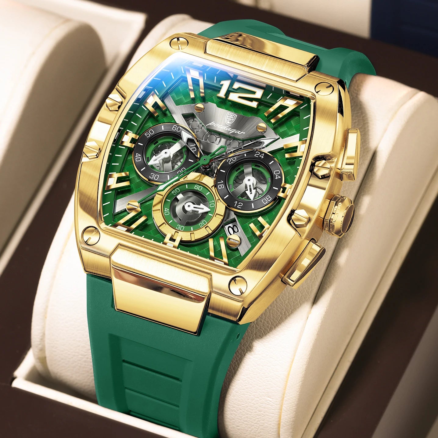 Tonneau Chronograph Watch – Luminous Arabic Dial with Silicone Strap