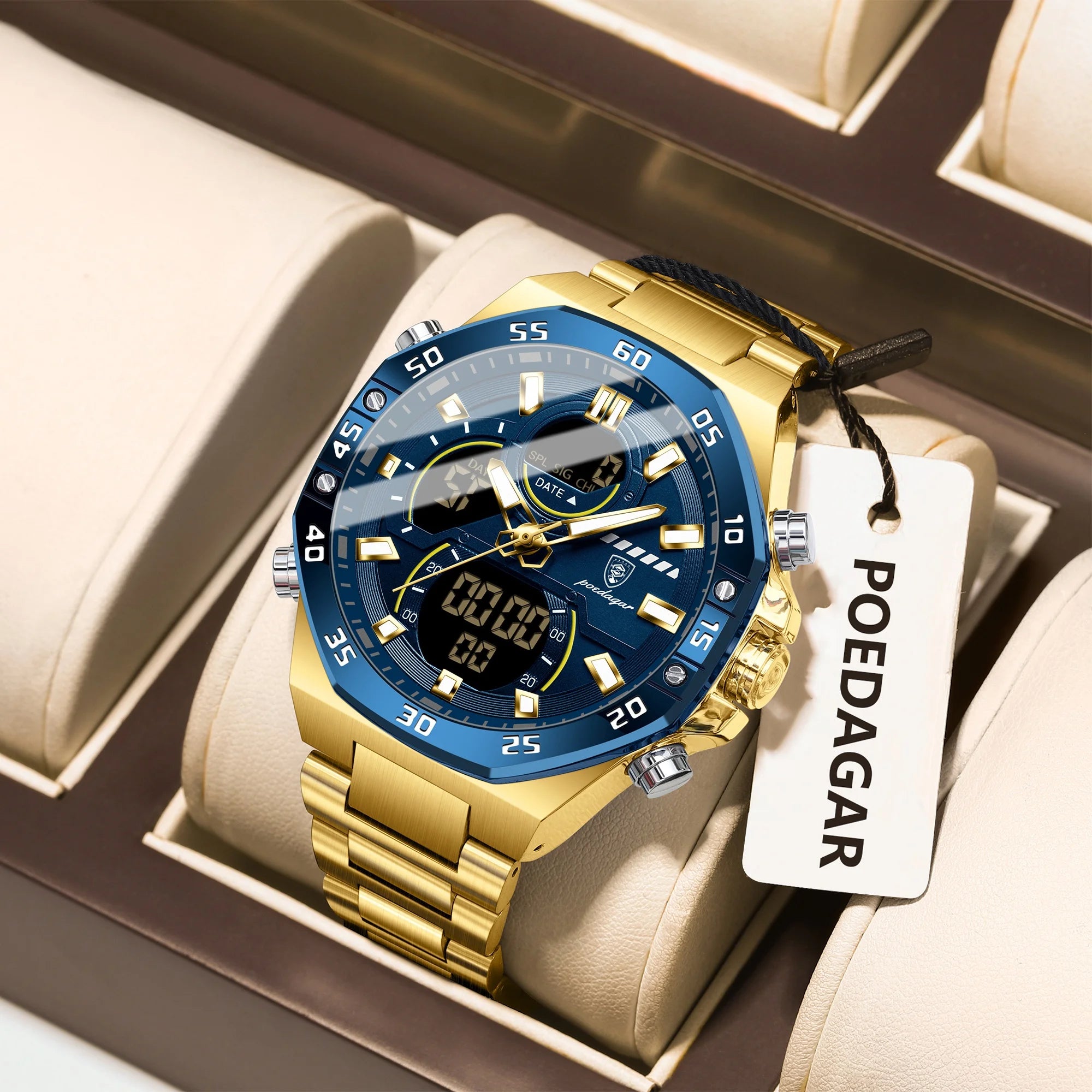 LED Analog-Digital Chronograph Watch – Full Calendar with Alarm & Bracelet