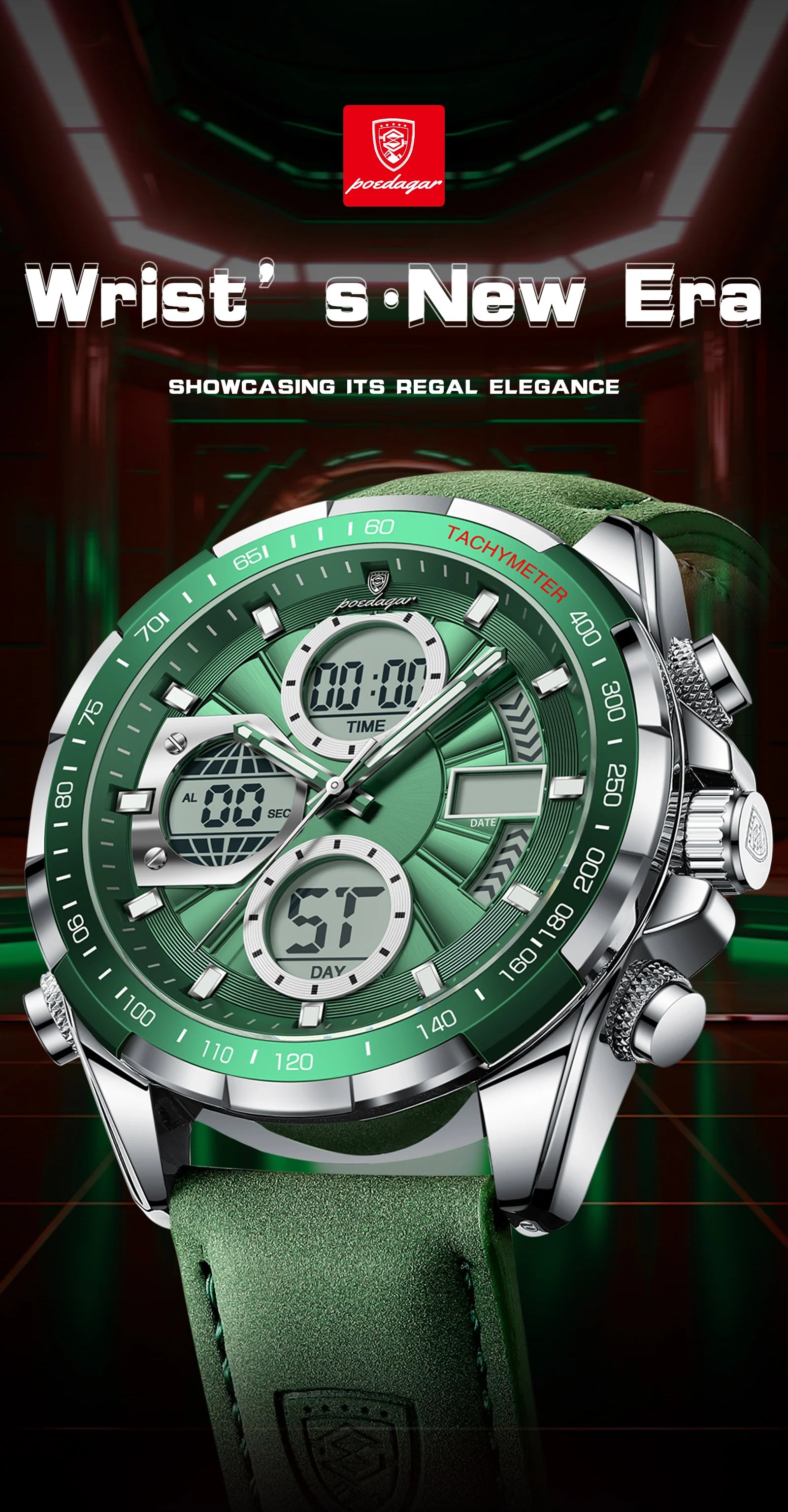 LED Analog-Digital Chronograph Watch – Dual Time & Alarm with Leather Strap