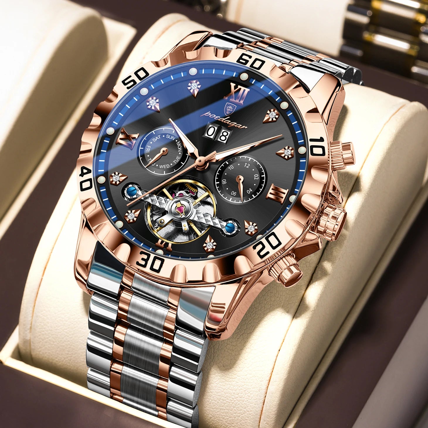 Automatic Tourbillon Style Watch – Sapphire Crystal with Week Display & Hidden Clasp