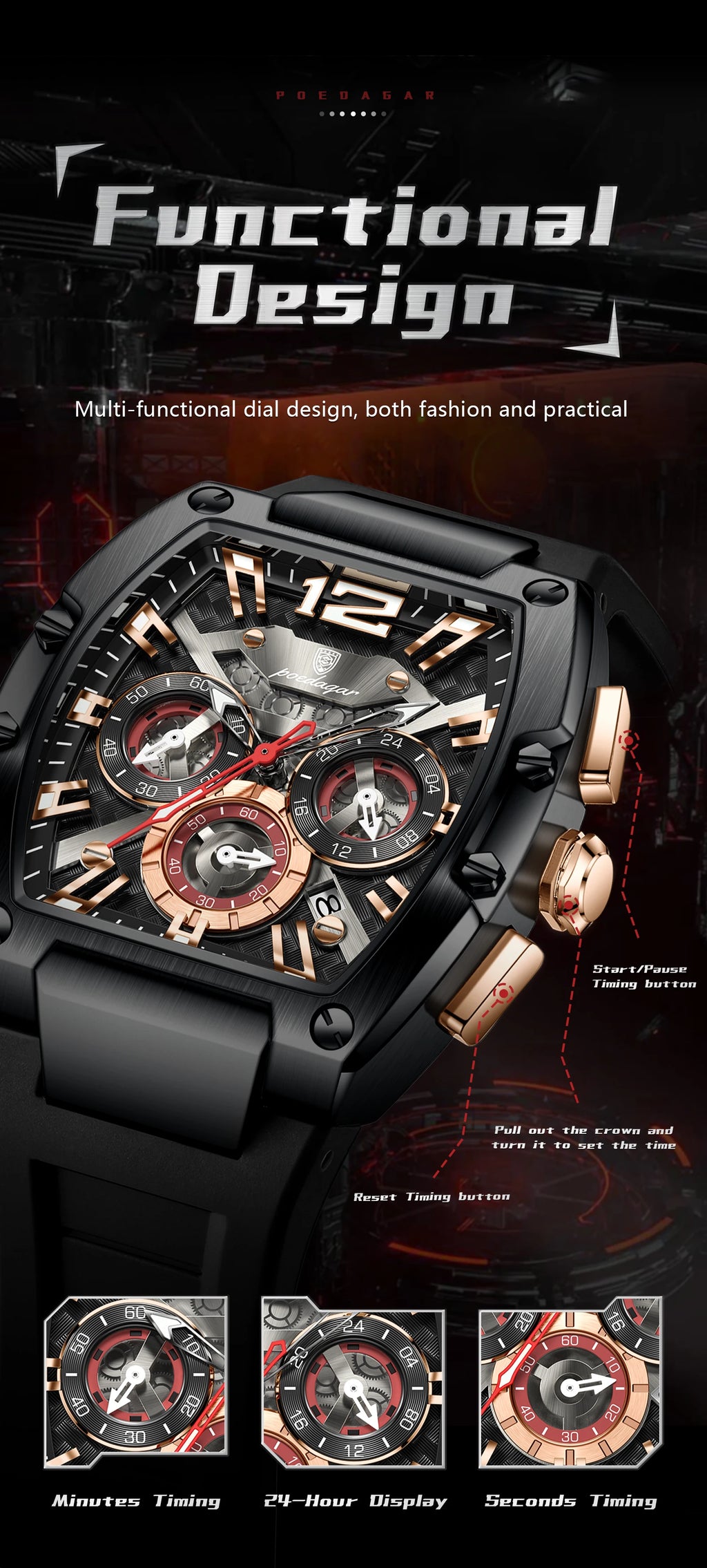 Tonneau Chronograph Watch – Roman Numeral Dial with Sapphire Crystal & Silicone Strap
