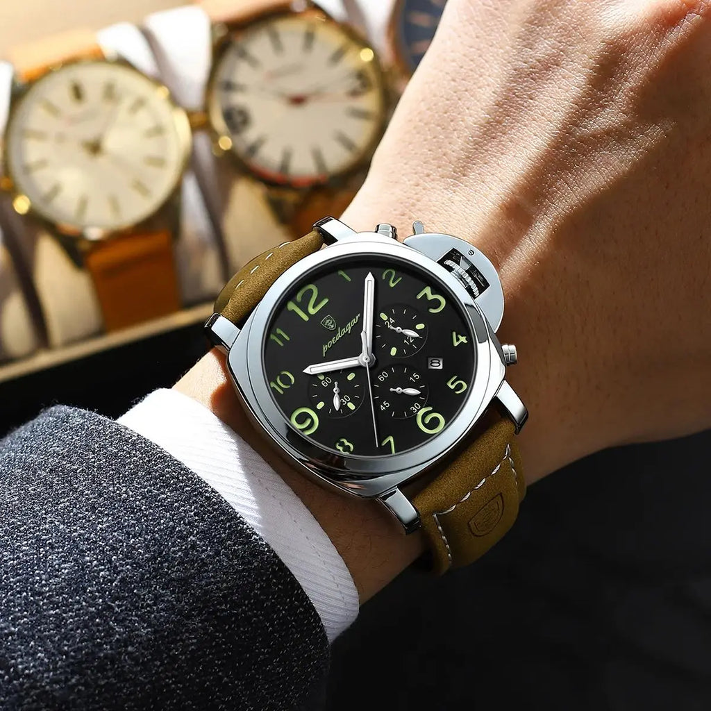 Chronograph Leather Watch – Bold Arabic Dial with Date & Luminous Hands