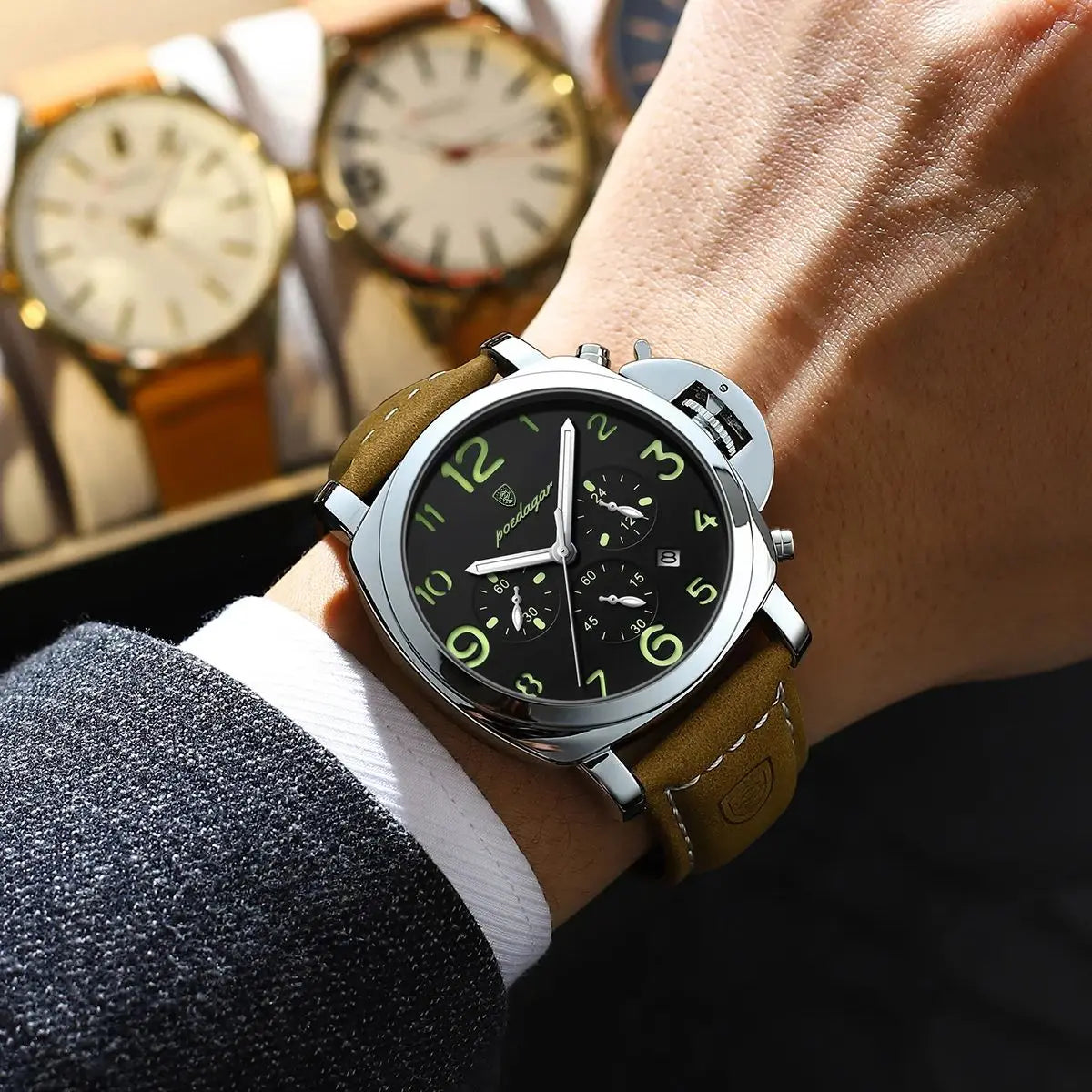 Chronograph Leather Watch – Bold Arabic Dial with Date & Luminous Hands