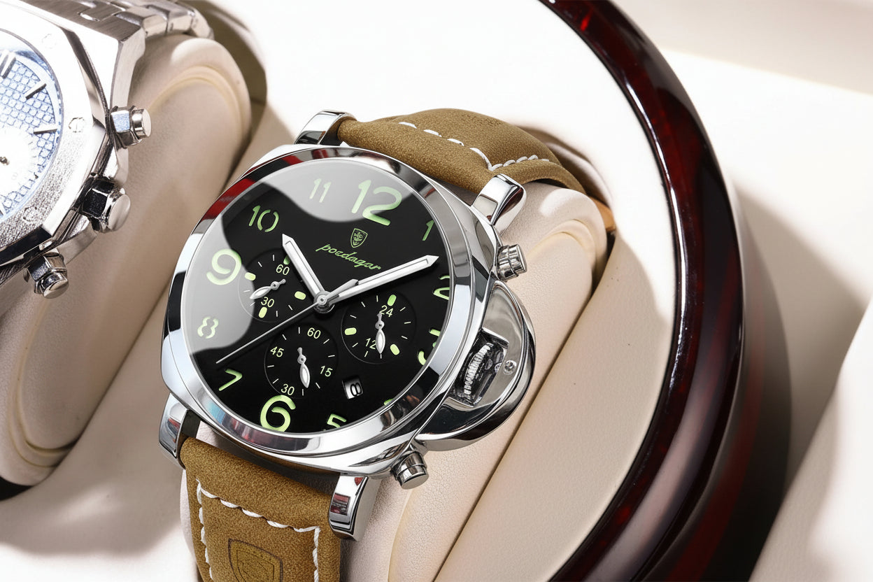 Chronograph Leather Watch – Bold Arabic Dial with Date & Luminous Hands