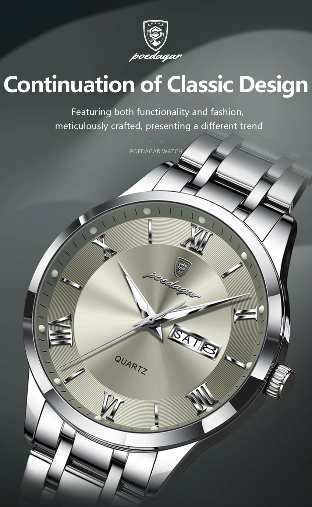 Roman Numeral Full Calendar Watch – Luminous Dial with Date, Week & Hidden Clasp
