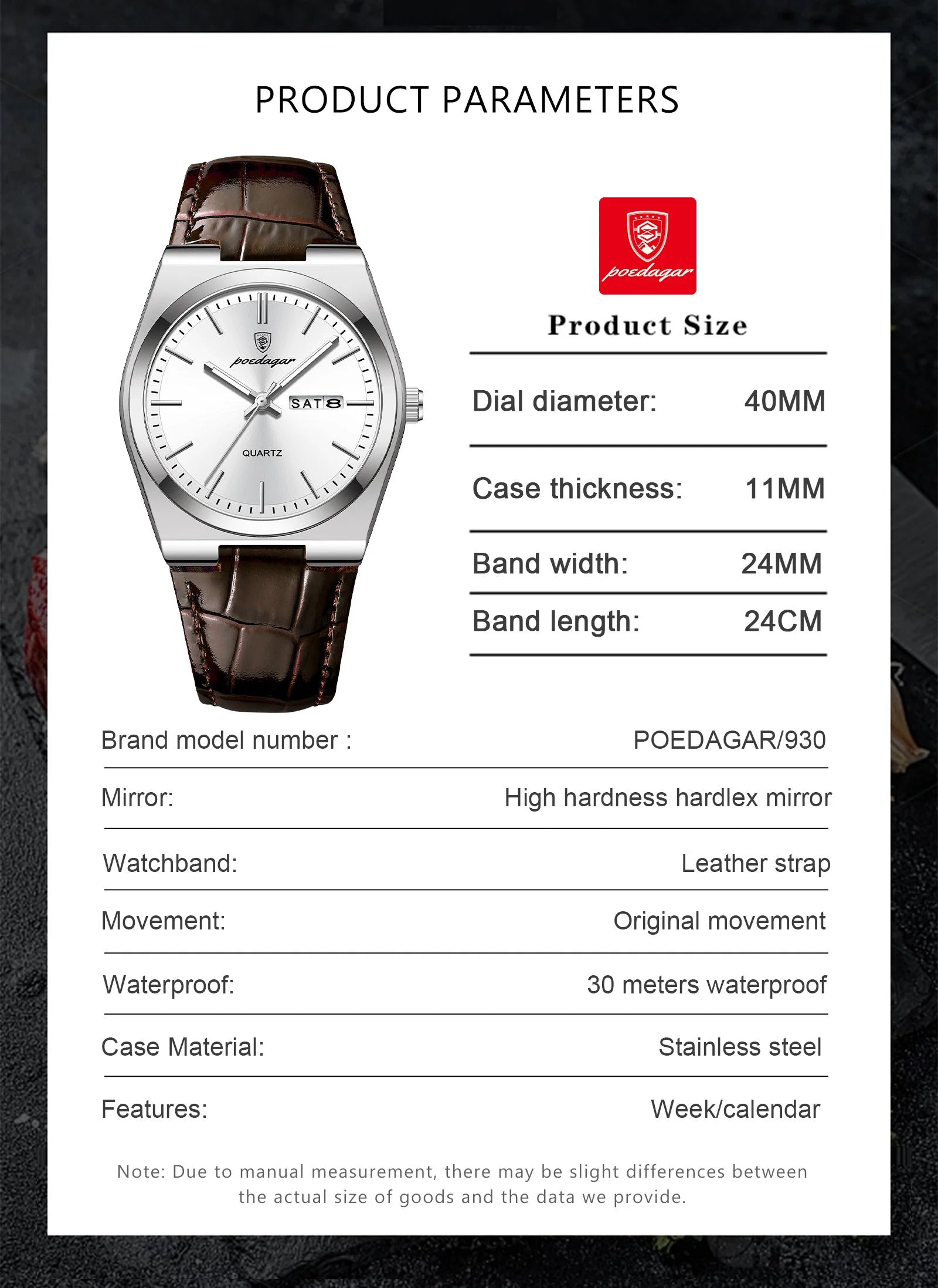Full Calendar Leather Watch – Luminous Dial with Date, Week & Classic Buckle