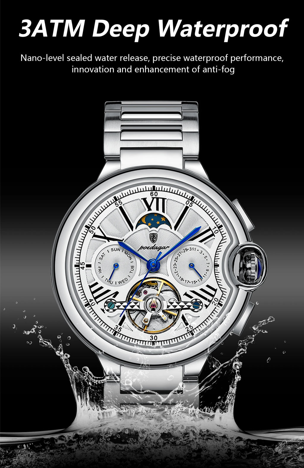 Automatic Skeleton Watch – Tourbillon Style with Moon Phase & Full Calendar