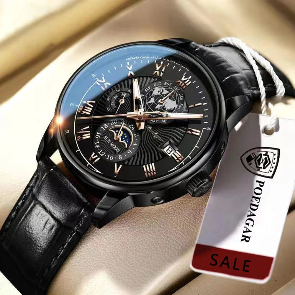 Roman Numeral Full Calendar Watch – Stainless Steel Bracelet with Stopwatch