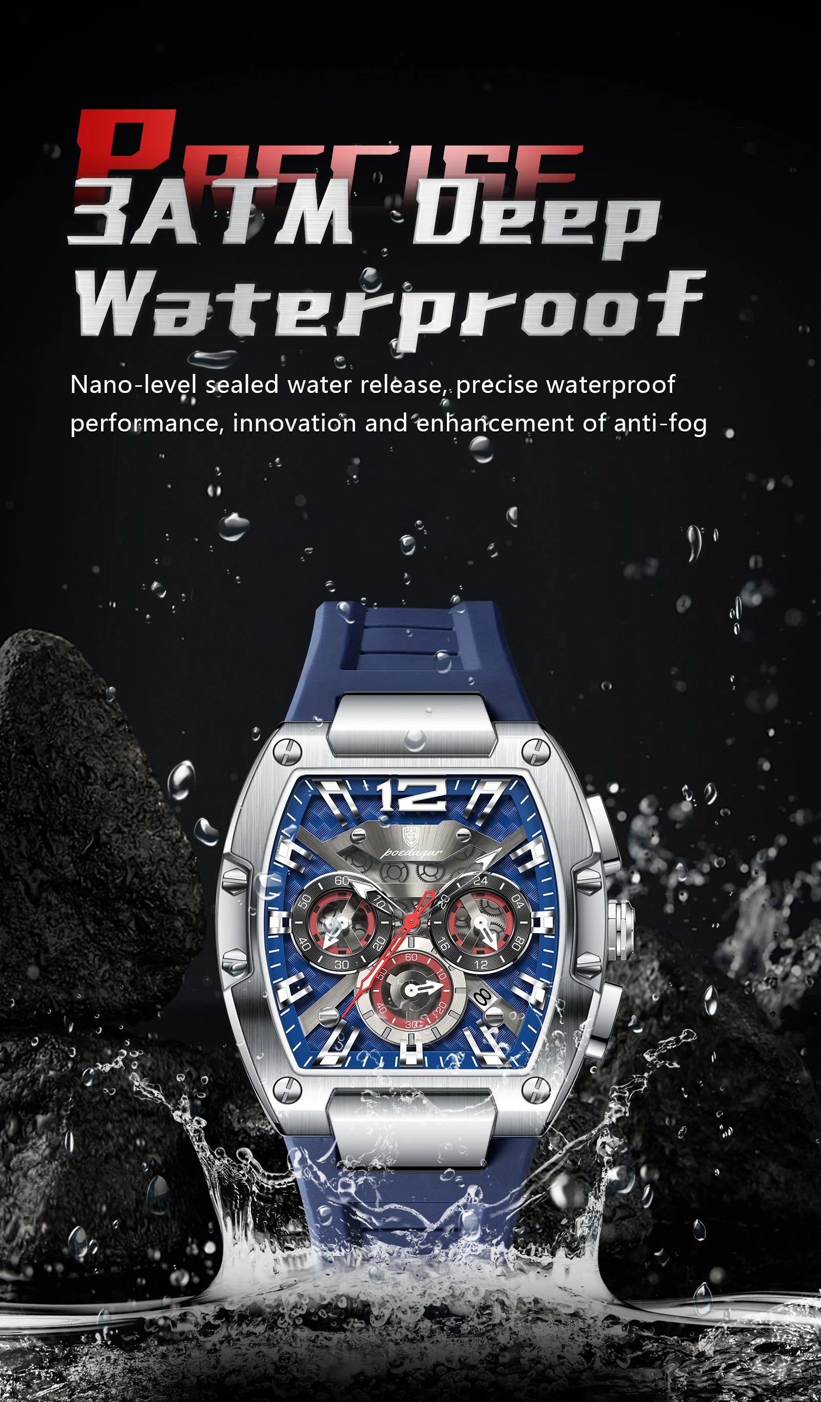 Tonneau Chronograph Watch – Luminous Arabic Dial with Silicone Strap