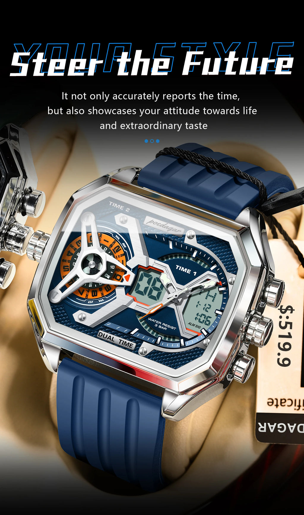 LED Analog-Digital Chronograph Watch – Dual Time & Alarm with Silicone Strap