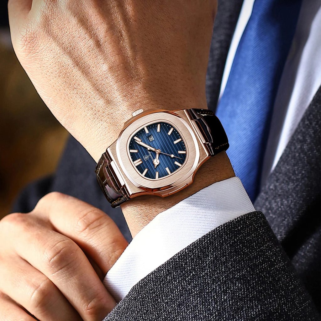 Square Leather Watch – Luminous Dial with Date & Classic Buckle