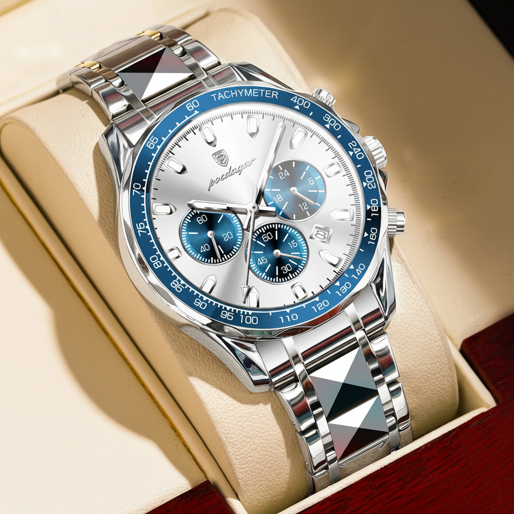 Chronograph Business Watch – Luminous Numberless Dial with Hidden Clasp Bracelet