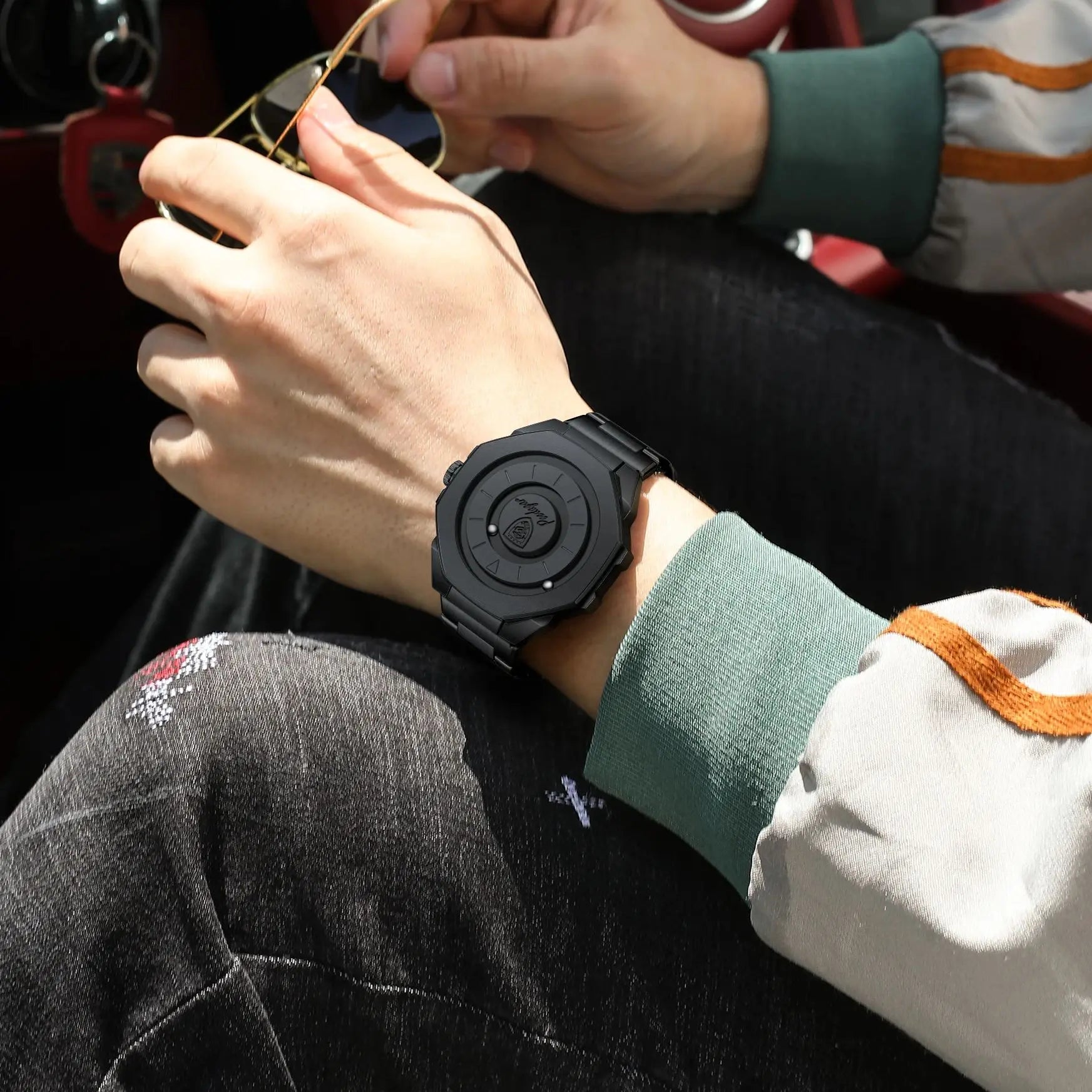 Sculpted Irregular Sport Watch – Large Numberless Dial with Hidden Clasp Bracelet