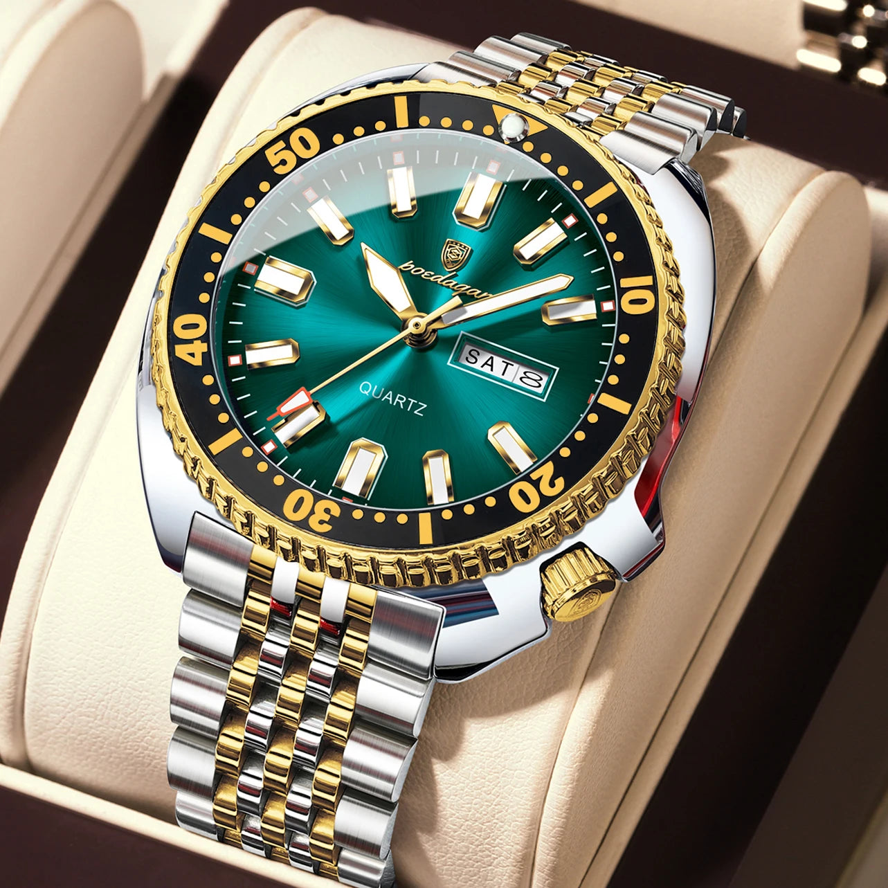 Large Full Calendar Watch – Luminous Numberless Dial with Hidden Clasp Bracelet