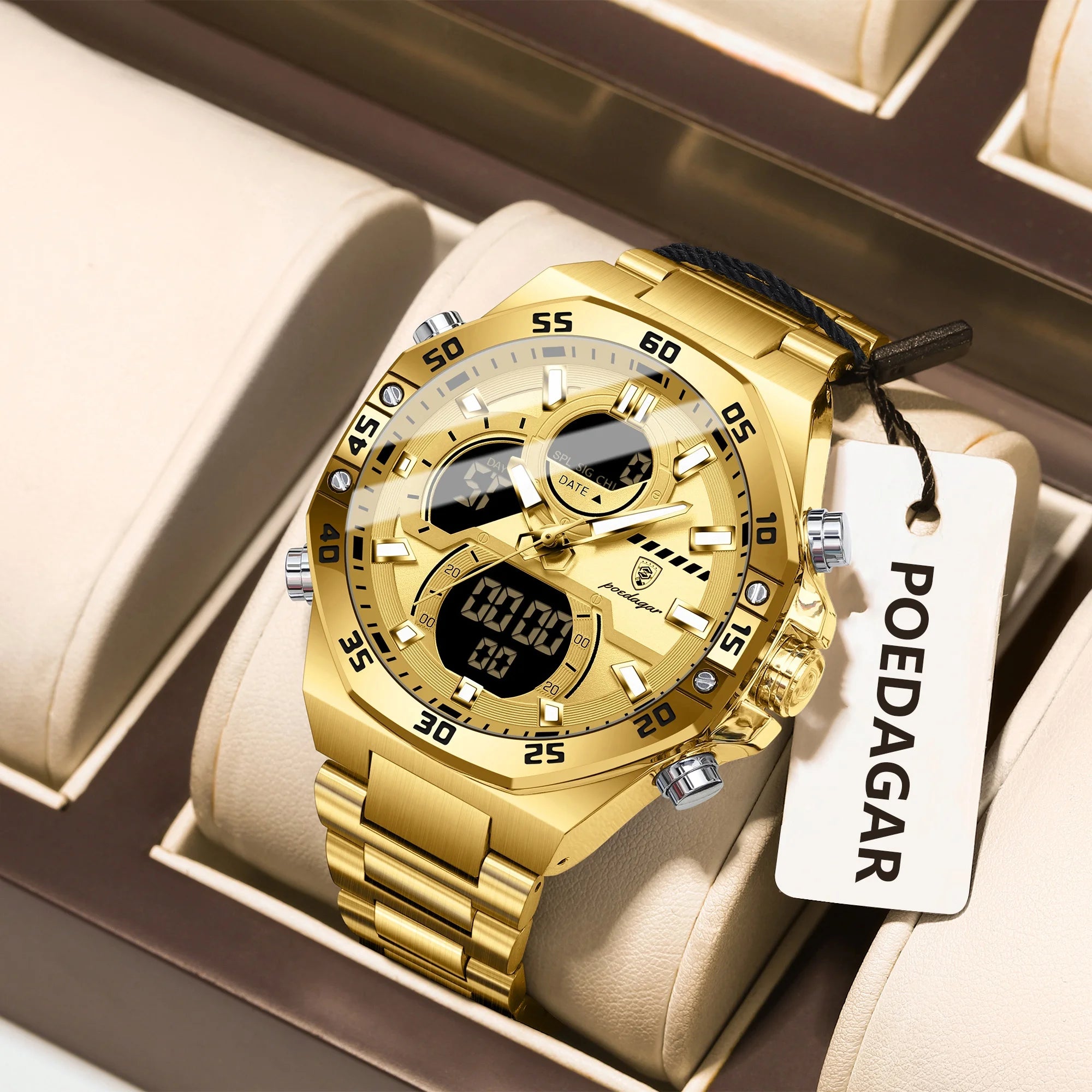 LED Analog-Digital Chronograph Watch – Full Calendar with Alarm & Bracelet