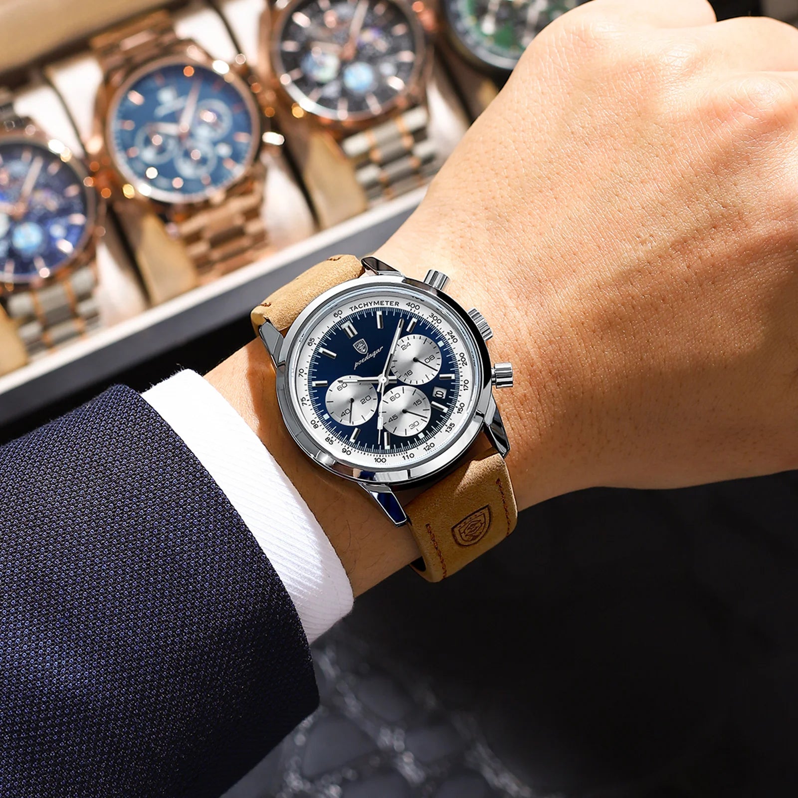 Chronograph Leather Watch – Luminous Numberless Dial with Date