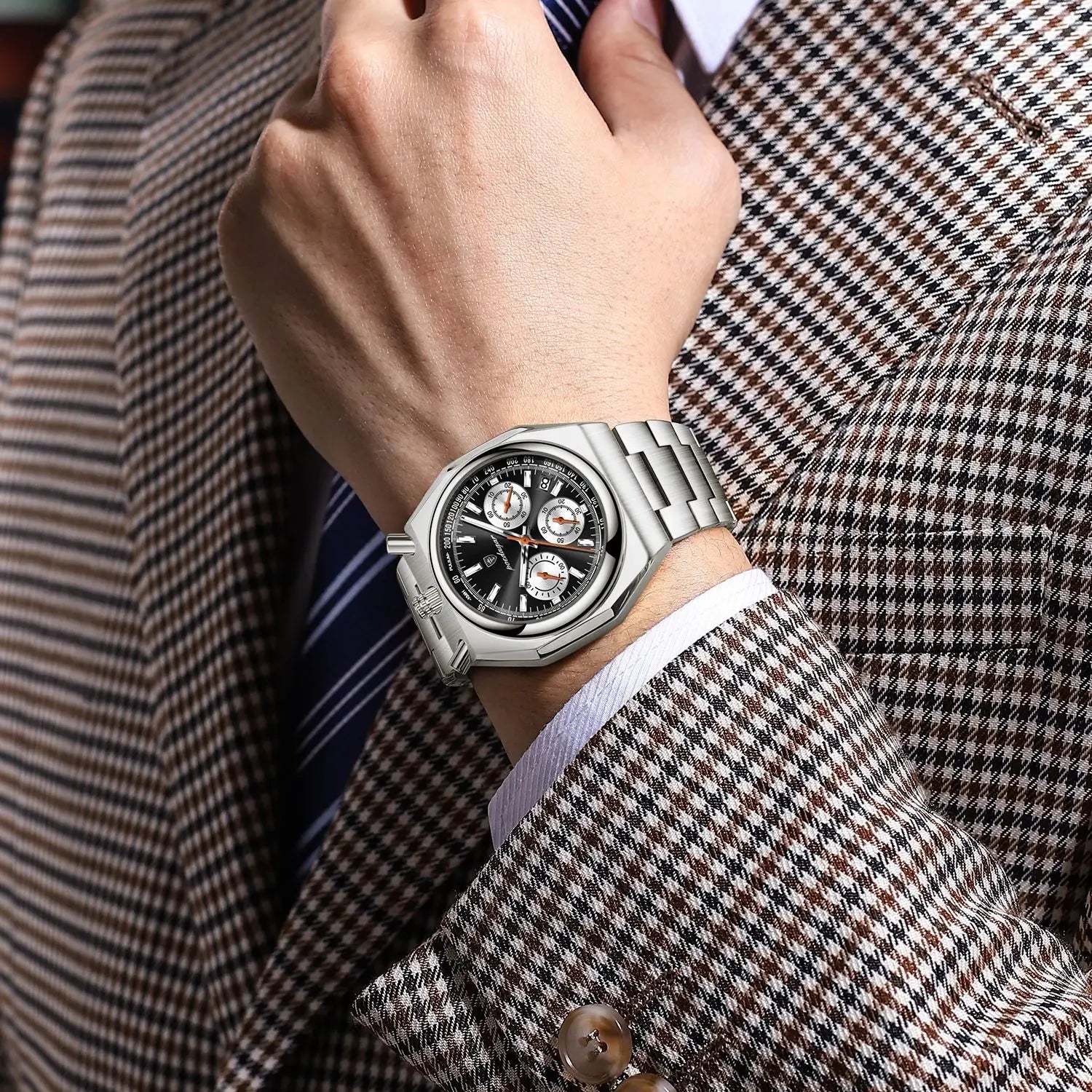 Irregular Chronograph Watch – Bold Numberless Dial with Hidden Clasp Bracelet