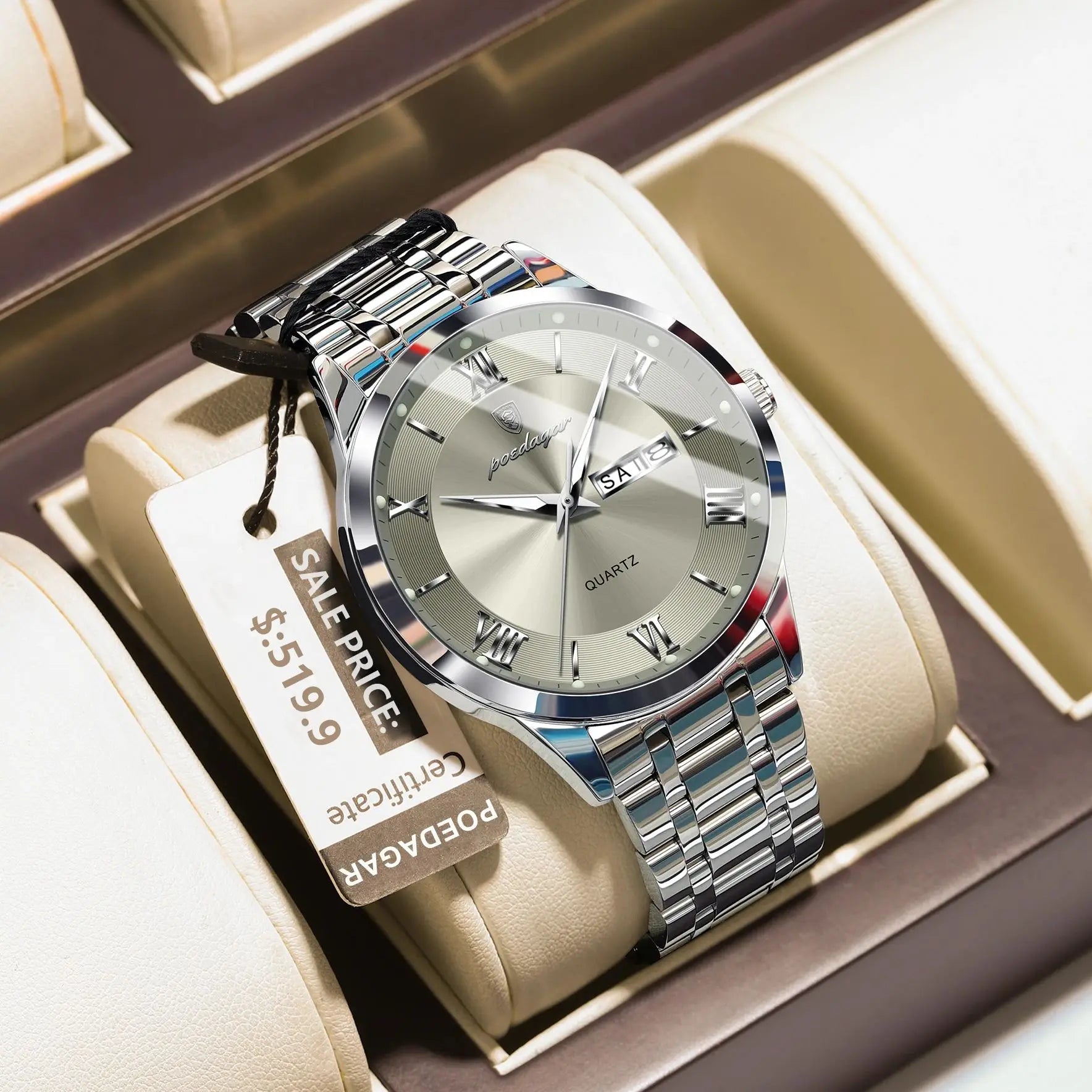 Roman Numeral Full Calendar Watch – Luminous Dial with Date, Week & Hidden Clasp