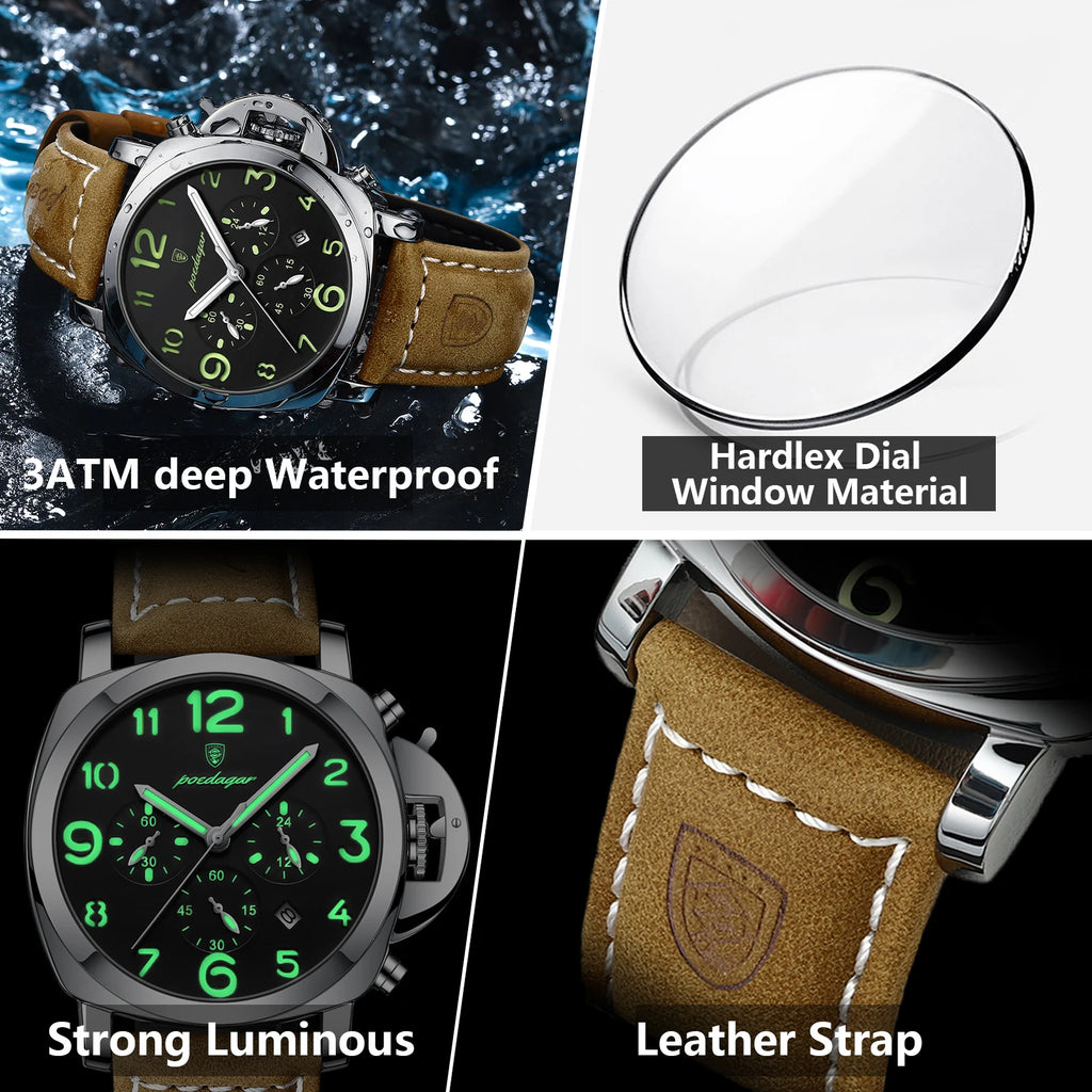 Chronograph Leather Watch – Bold Arabic Dial with Date & Luminous Hands