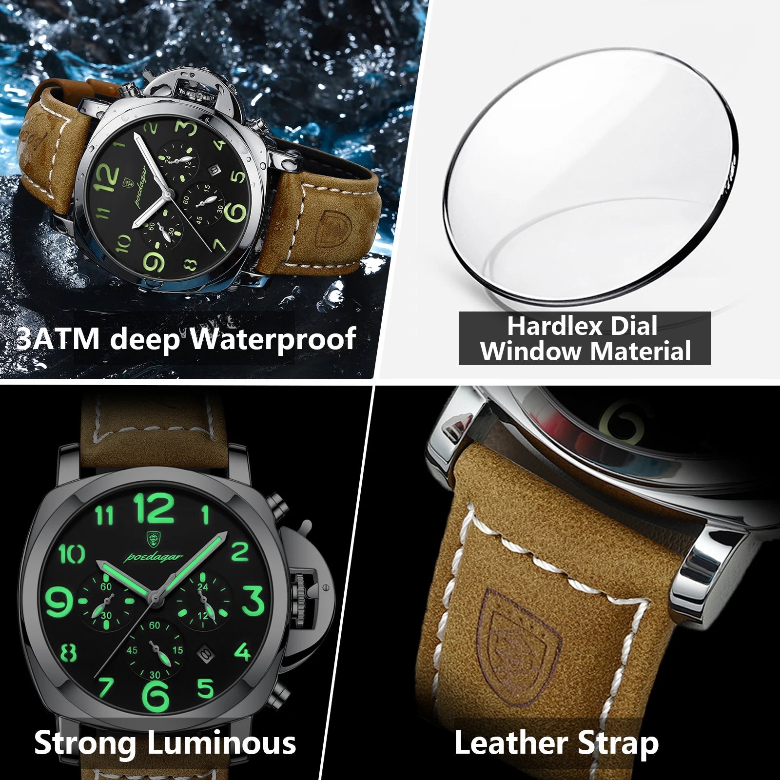 Chronograph Leather Watch – Bold Arabic Dial with Date & Luminous Hands