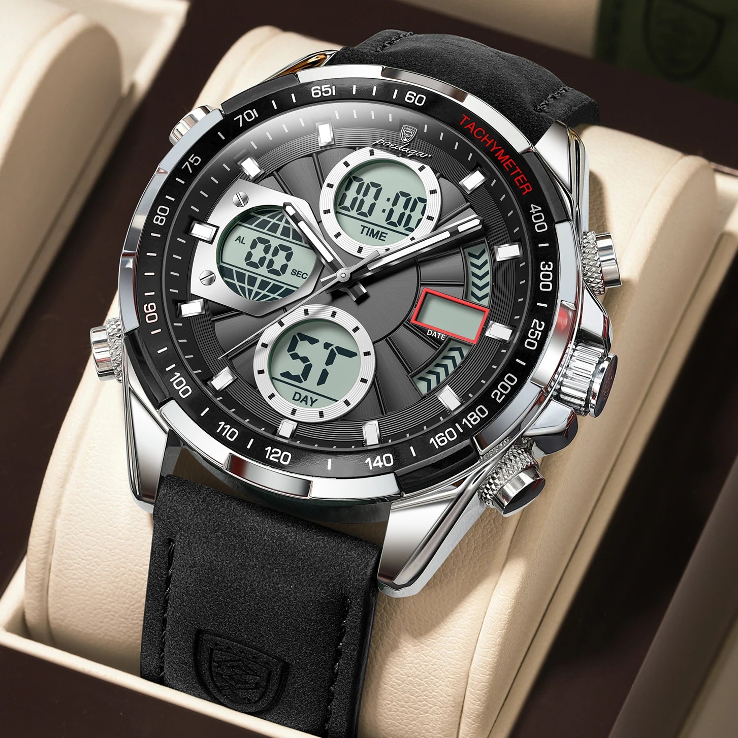 LED Analog-Digital Chronograph Watch – Dual Time & Alarm with Leather Strap