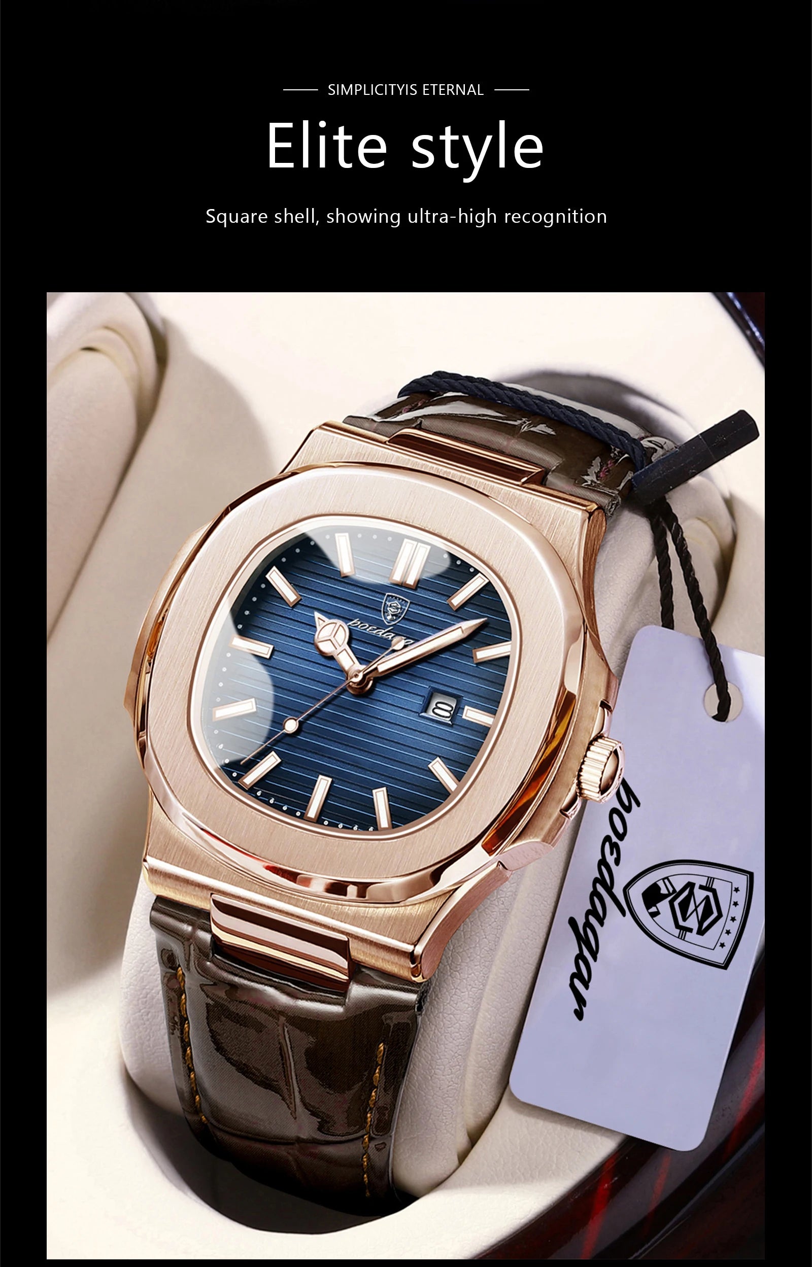 Square Leather Watch – Luminous Dial with Date & Classic Buckle