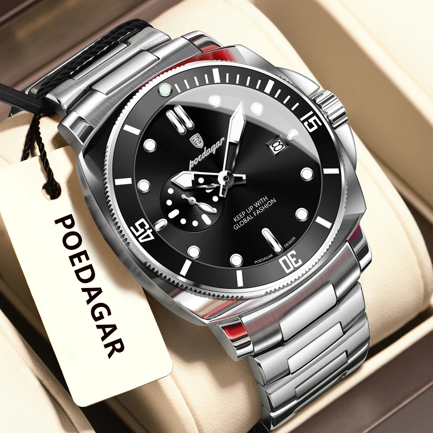 Business Date Watch – Luminous Numberless Dial with Hidden Clasp Bracelet