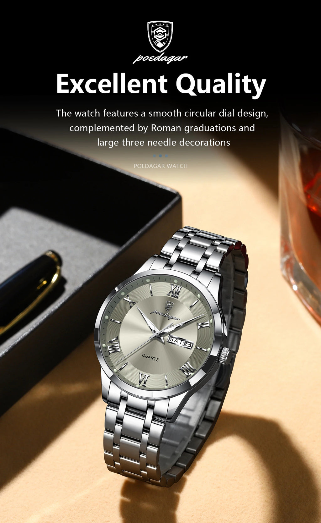 Roman Numeral Full Calendar Watch – Luminous Dial with Date, Week & Hidden Clasp