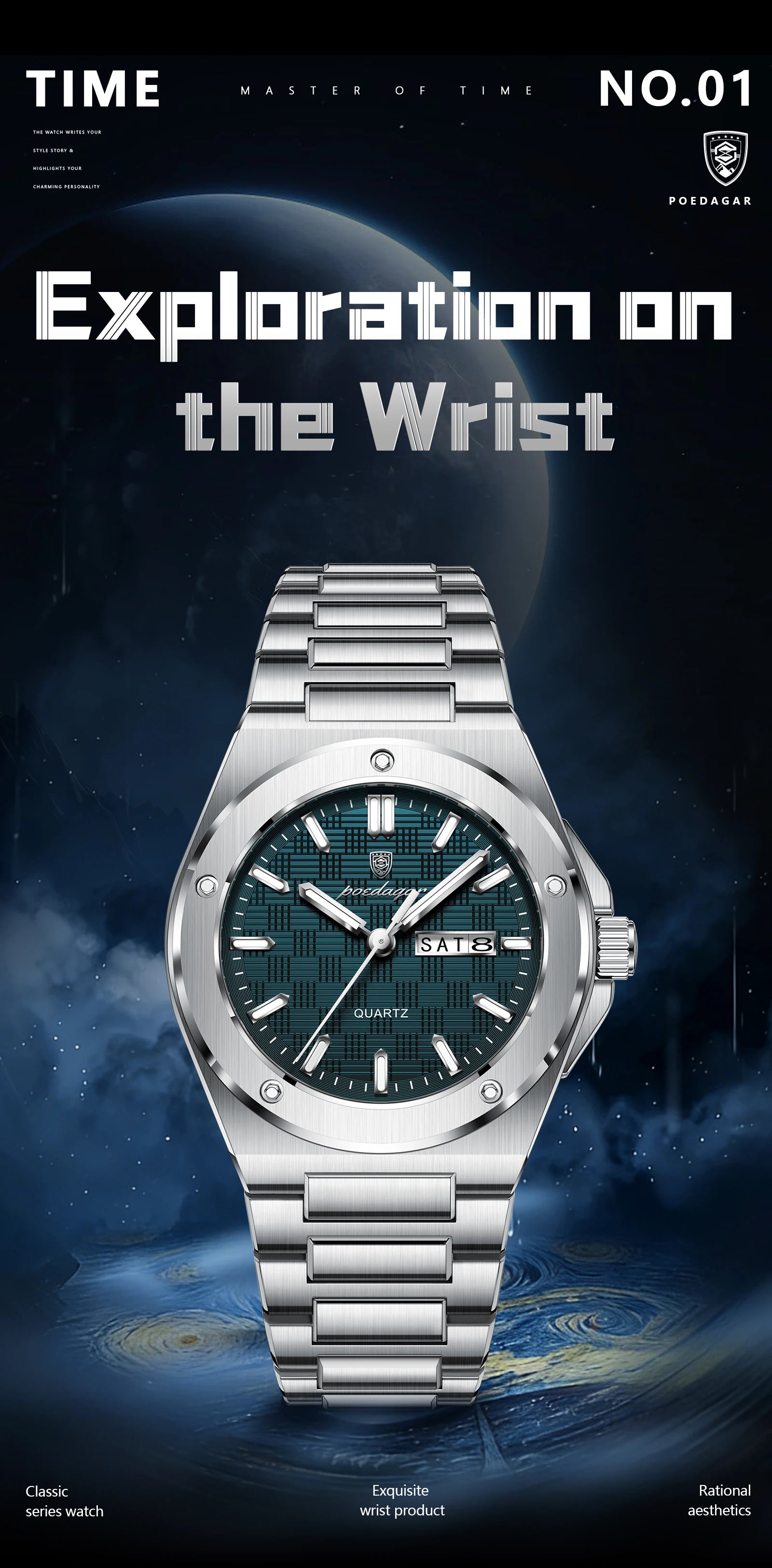 Full Calendar Business Watch – Luminous Stainless Steel with Hidden Clasp Bracelet