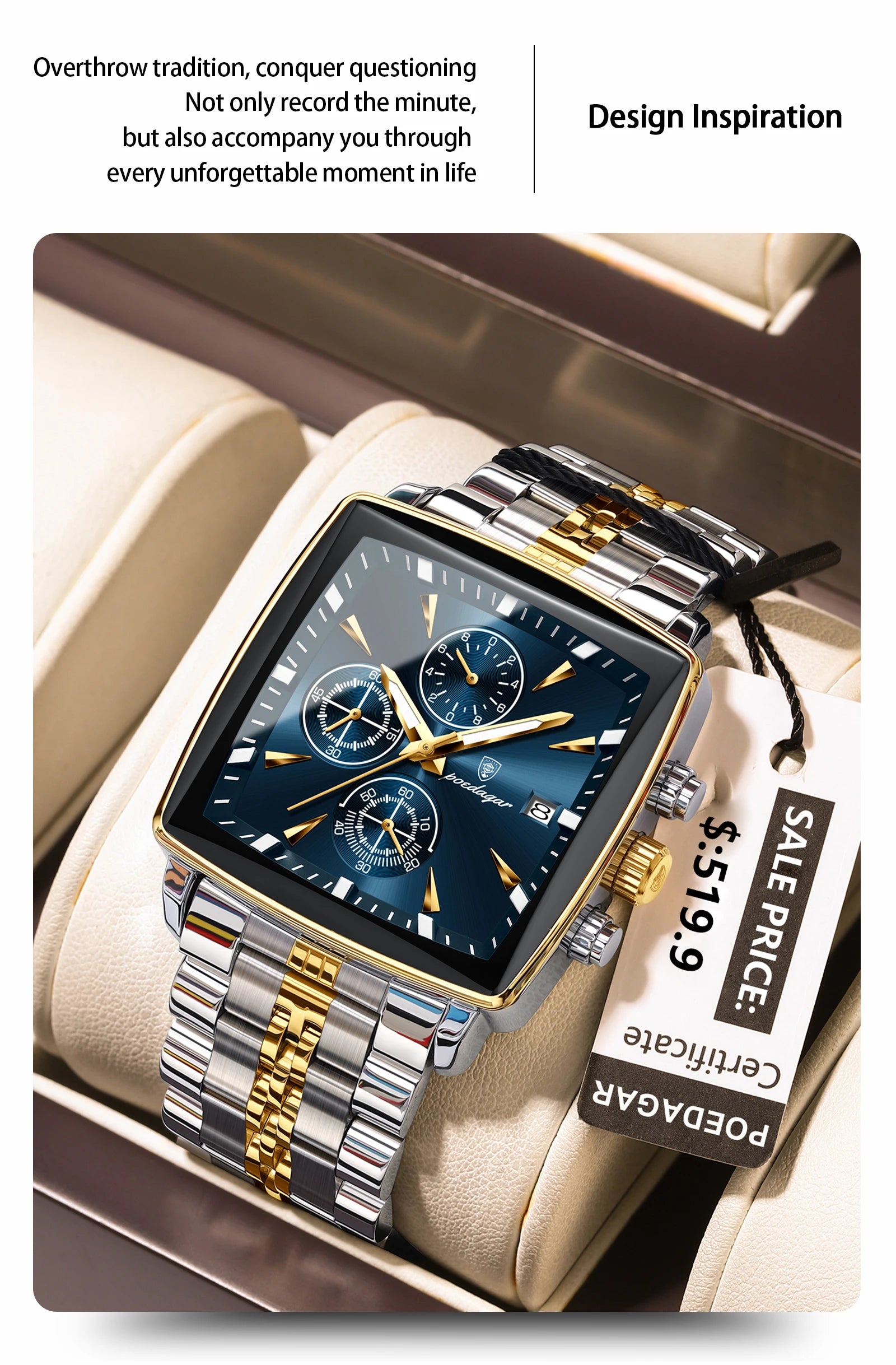 Square Chronograph Watch – Numberless Dial with Hidden Clasp Bracelet