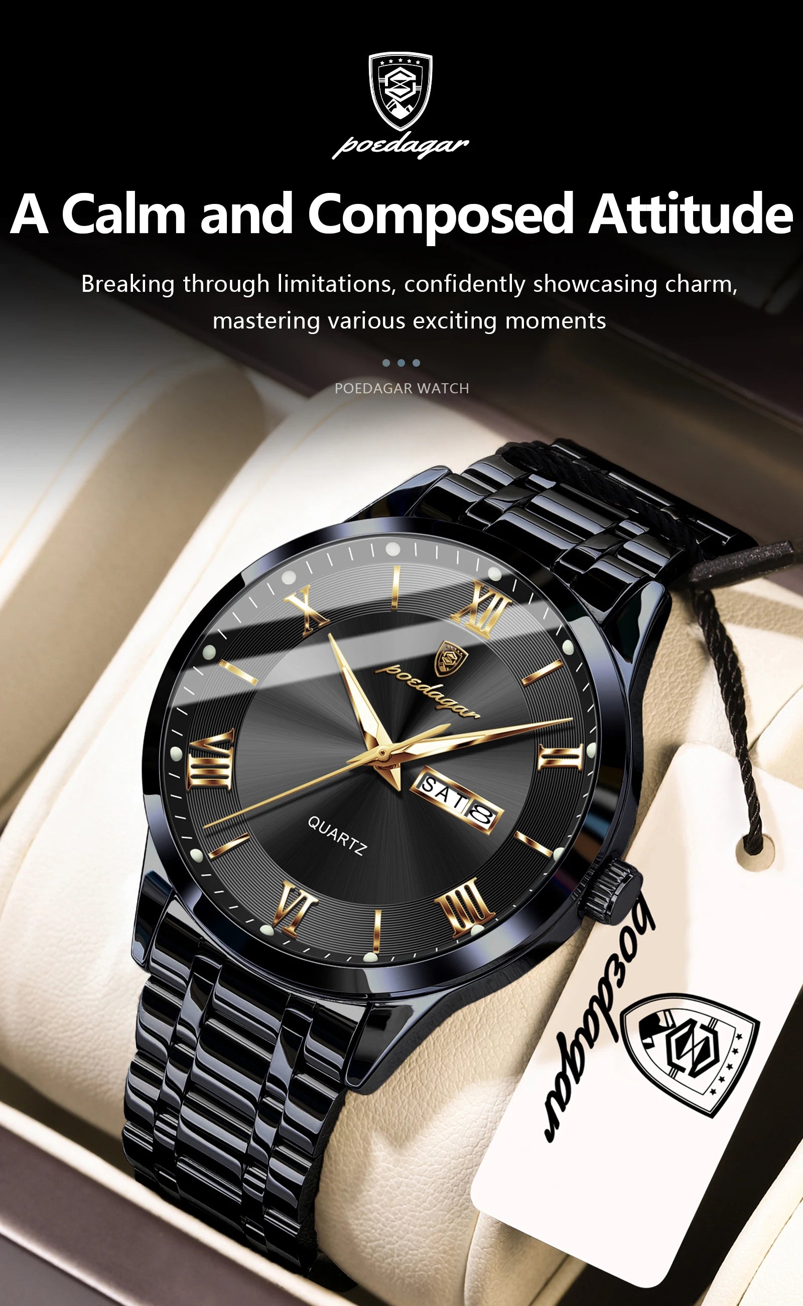 Full Calendar Stainless Steel Watch – Luminous Dial with Date, Week & Hidden Clasp