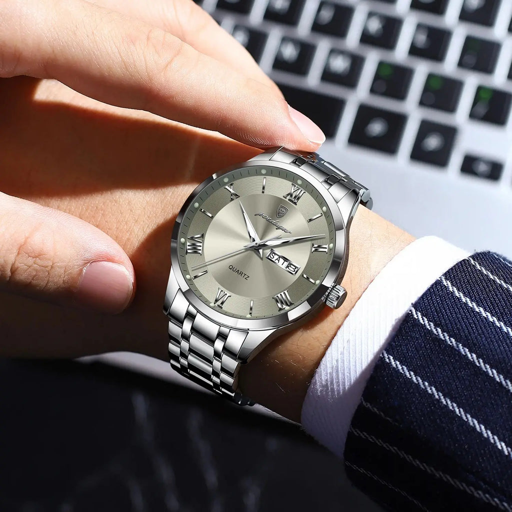 Roman Numeral Full Calendar Watch – Luminous Dial with Date, Week & Hidden Clasp