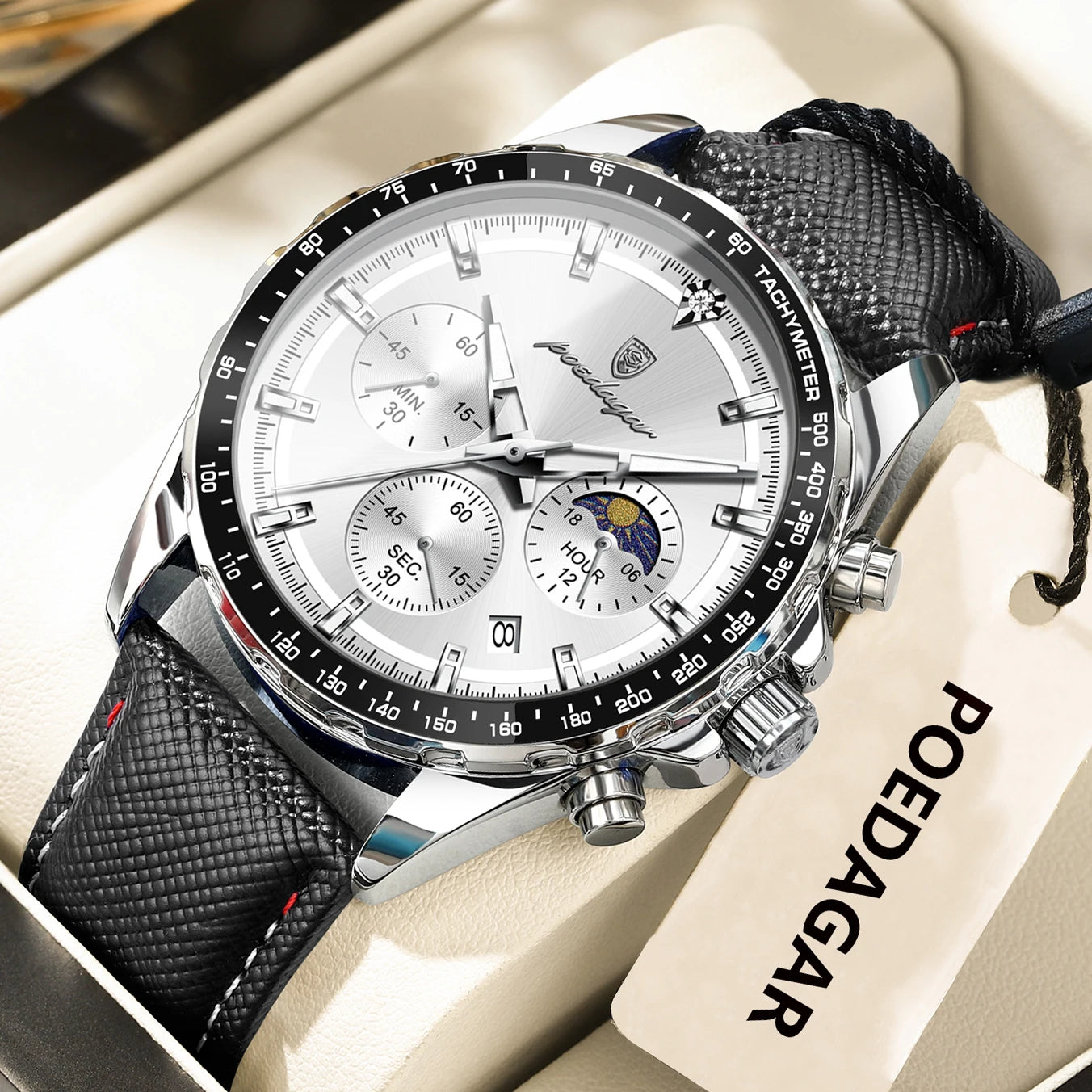 Premium Leather Chronograph Watch – Luminous Dial, Date Display, Quartz Movement