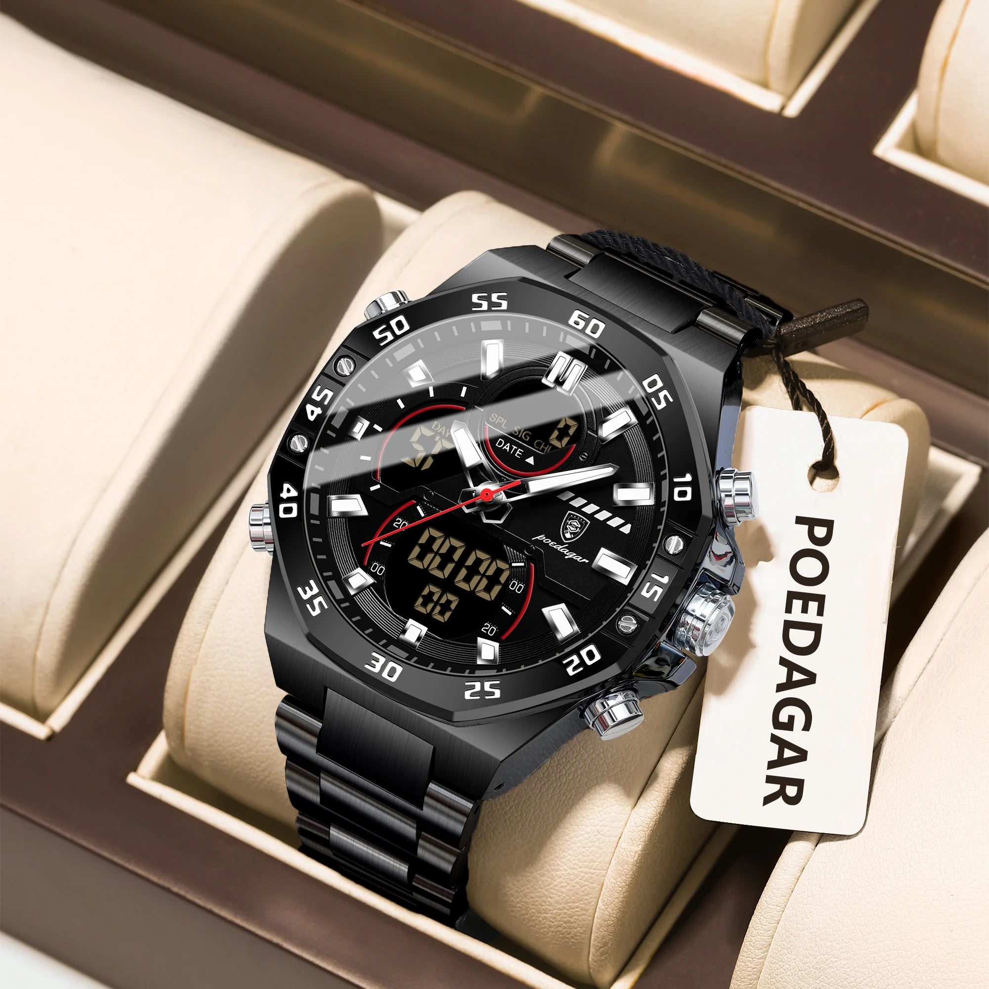 LED Analog-Digital Chronograph Watch – Full Calendar with Alarm & Bracelet