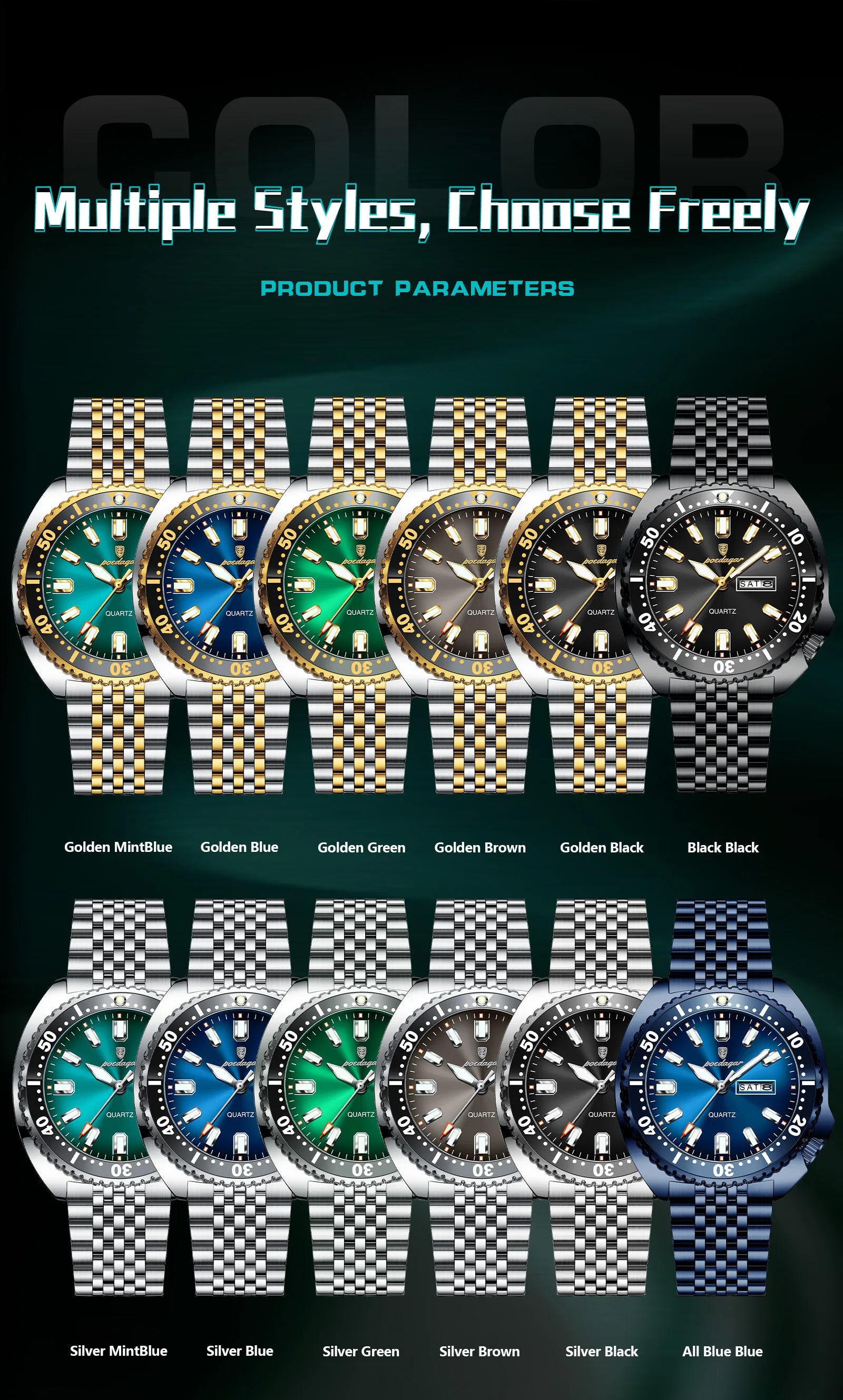 Large Full Calendar Watch – Luminous Numberless Dial with Hidden Clasp Bracelet
