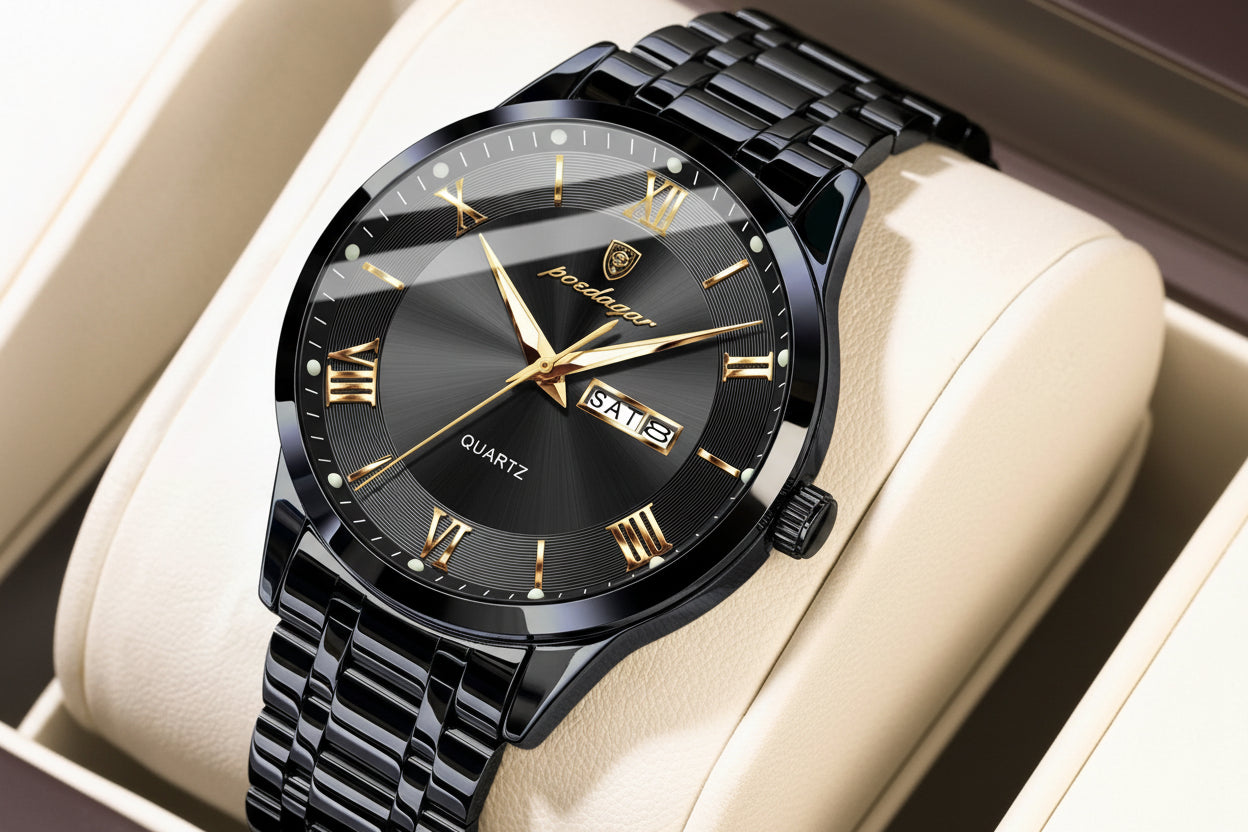 Full Calendar Stainless Steel Watch – Luminous Dial with Date, Week & Hidden Clasp