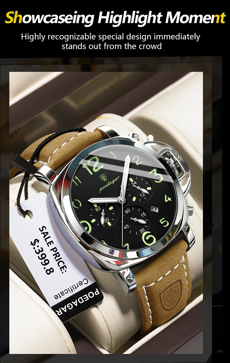 Chronograph Leather Watch – Bold Arabic Dial with Date & Luminous Hands