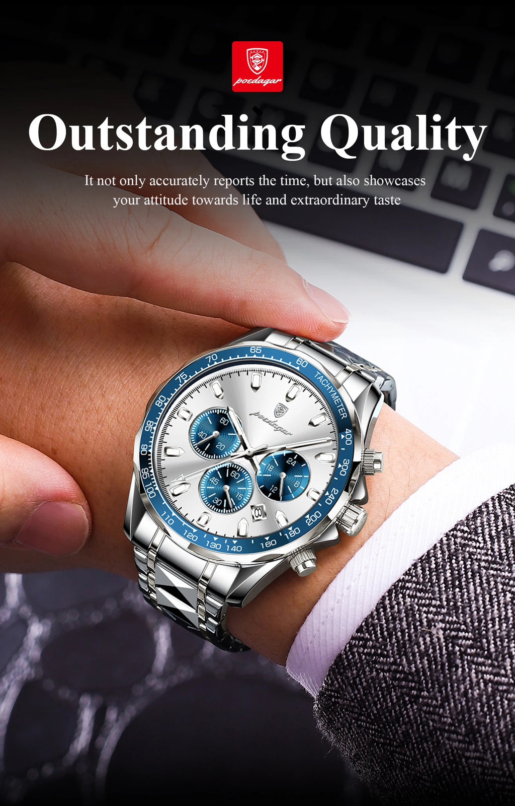 Chronograph Date Watch – Luminous Dial with Hidden Clasp Bracelet