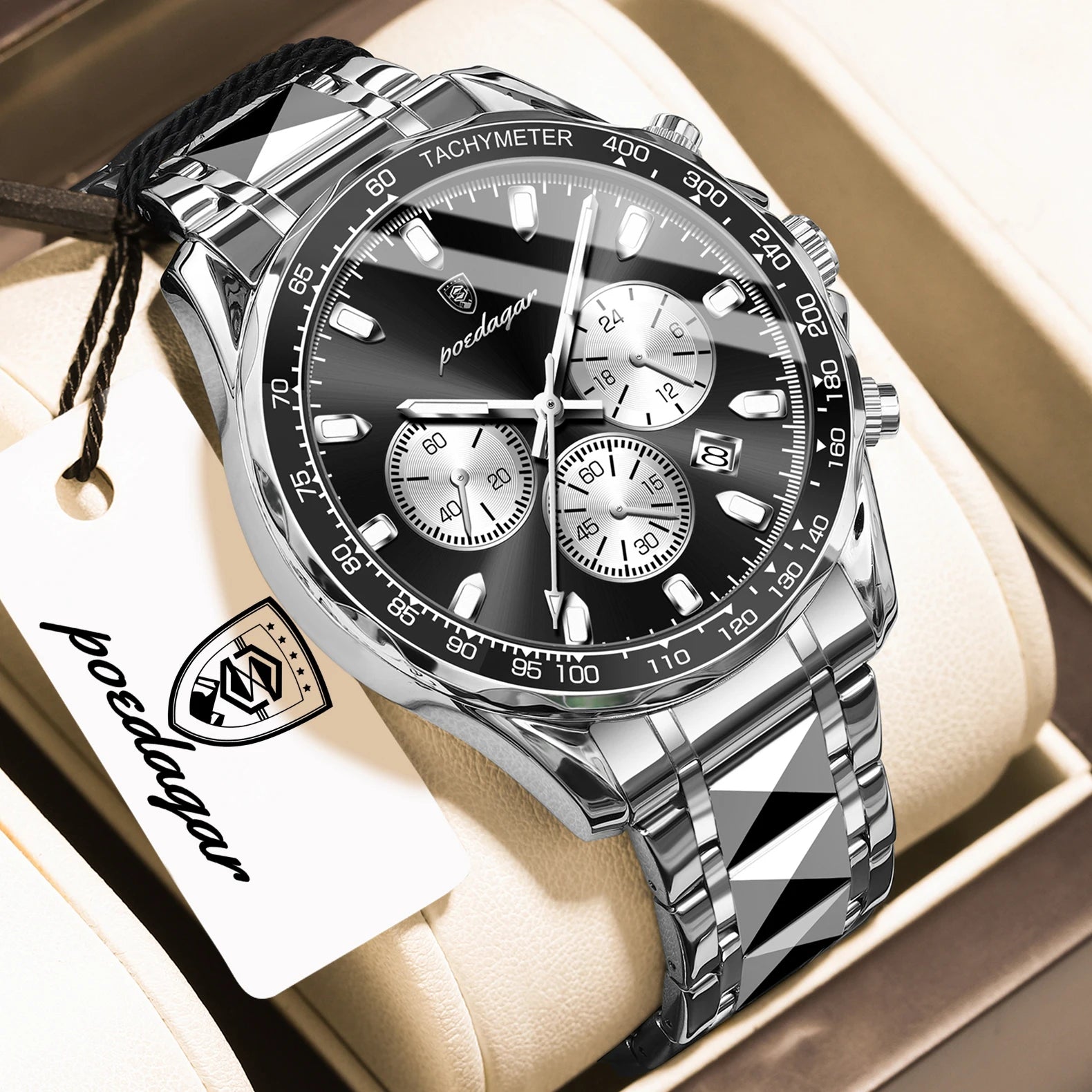 Chronograph Date Watch – Luminous Dial with Hidden Clasp Bracelet