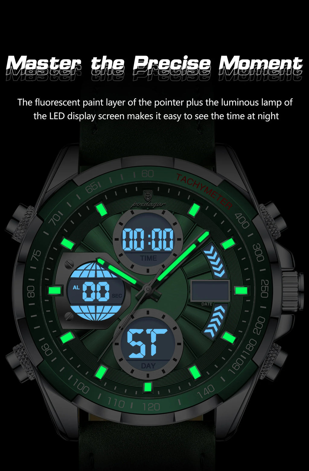 LED Analog-Digital Chronograph Watch – Dual Time & Alarm with Leather Strap