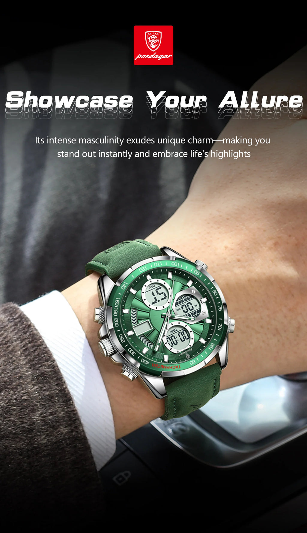 LED Analog-Digital Chronograph Watch – Dual Time & Alarm with Leather Strap