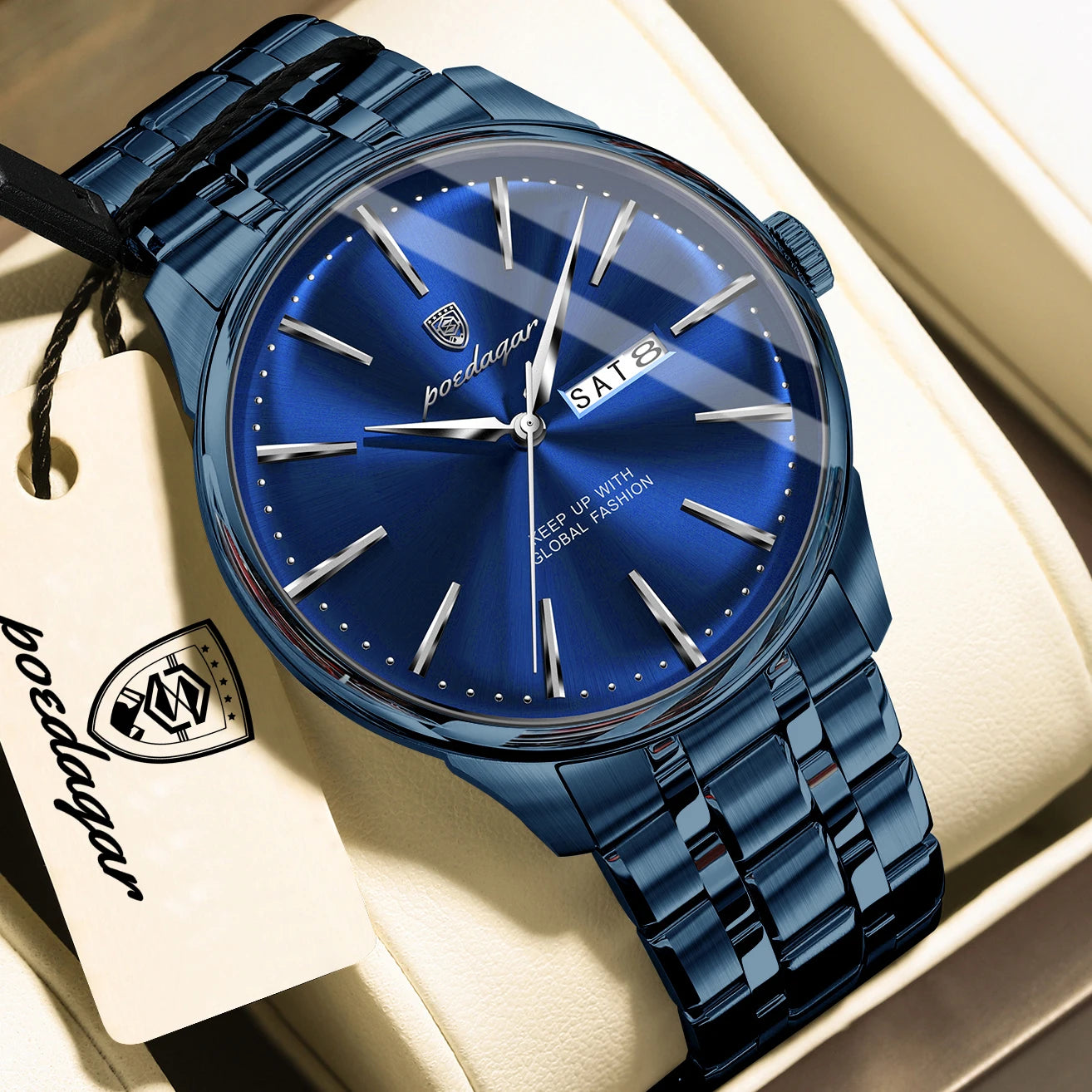 Full Calendar Stainless Steel Watch – Date & Week Display with Hidden Clasp