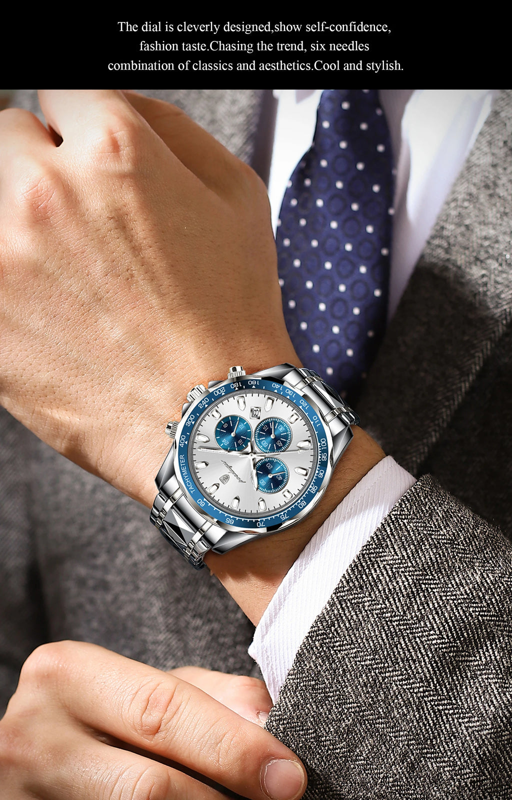 Chronograph Date Watch – Luminous Dial with Hidden Clasp Bracelet
