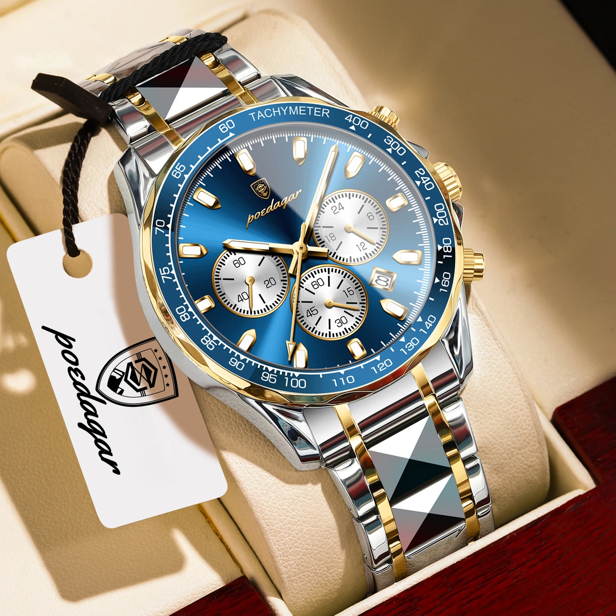 Chronograph Business Watch – Luminous Numberless Dial with Hidden Clasp Bracelet