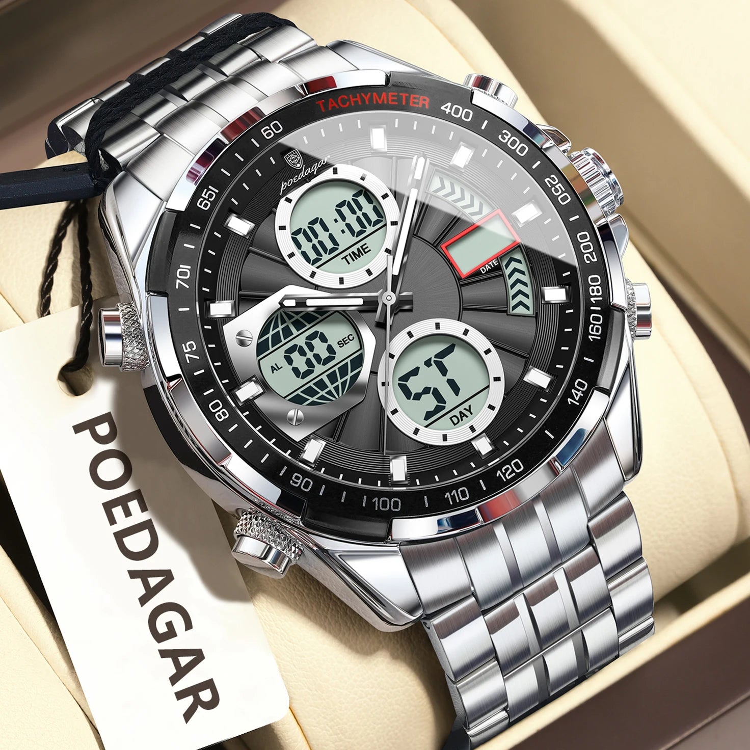 Dual Time Chronograph Watch – Analog-Digital Display with LED & Full Calendar