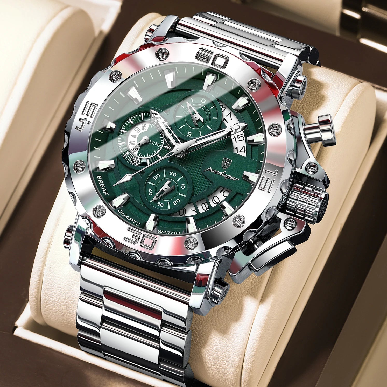 Large Chronograph Watch – Luminous Numberless Dial with Hidden Clasp