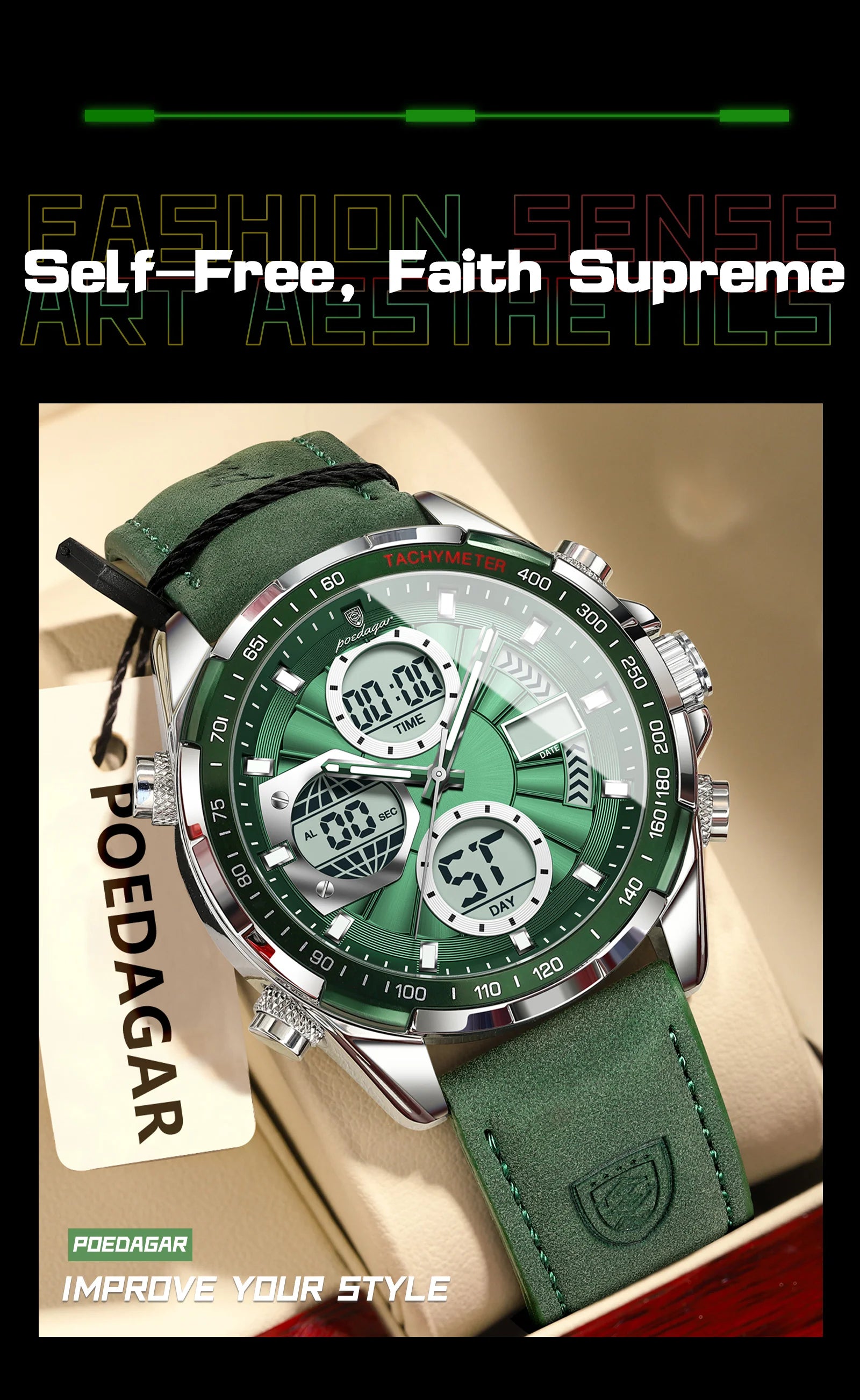 LED Analog-Digital Chronograph Watch – Dual Time & Alarm with Leather Strap