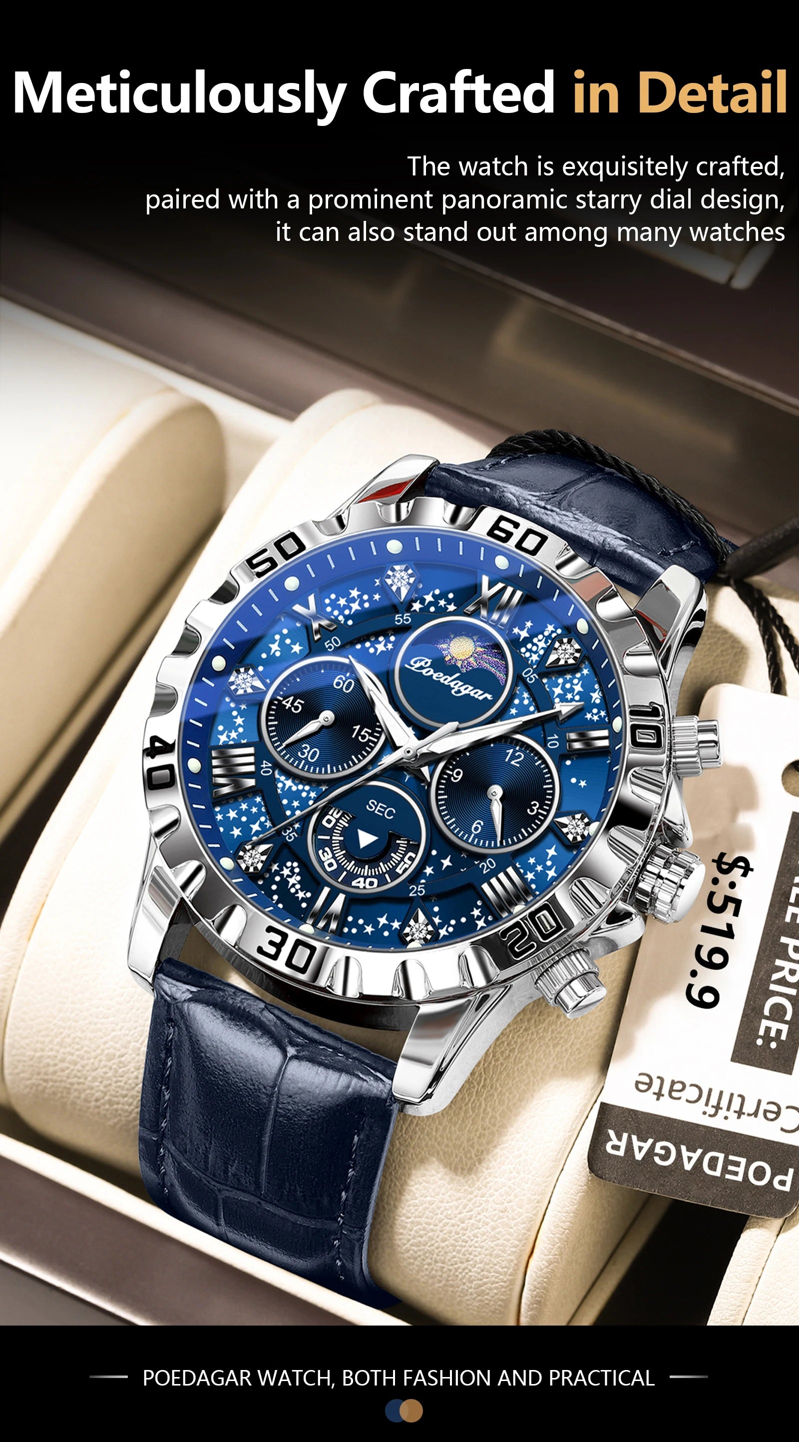 Chronograph Watch with Multiple Time Zone – Leather Strap & Sapphire Crystal