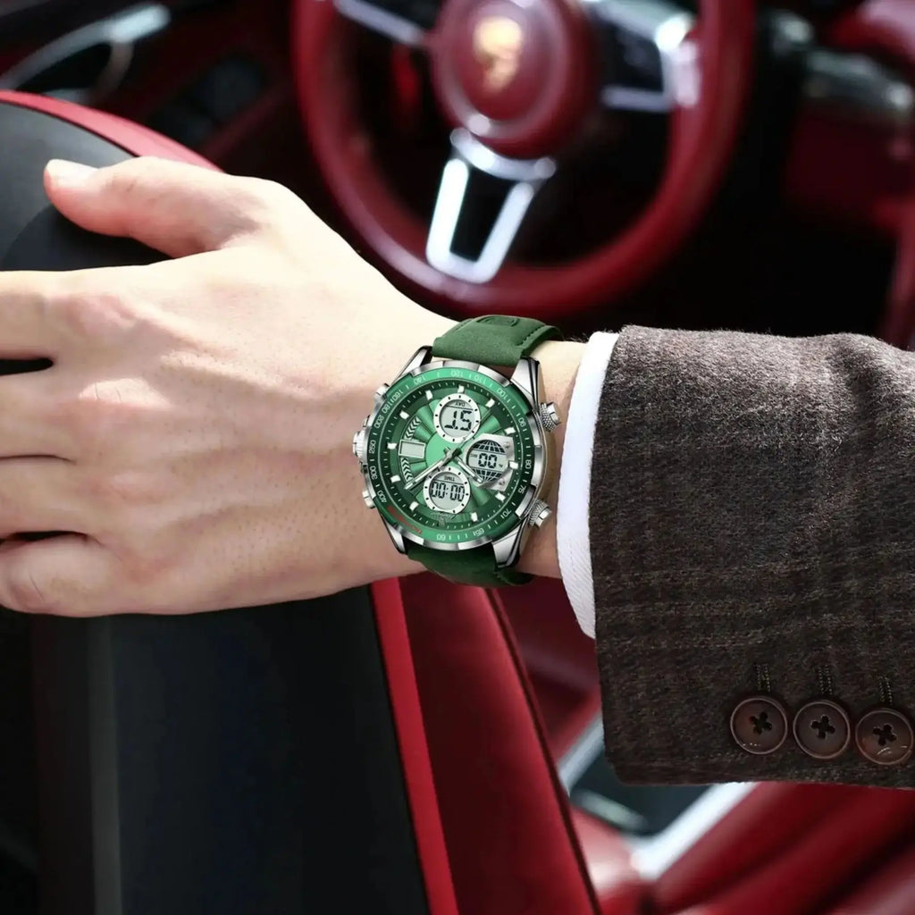 LED Analog-Digital Chronograph Watch – Dual Time & Alarm with Leather Strap