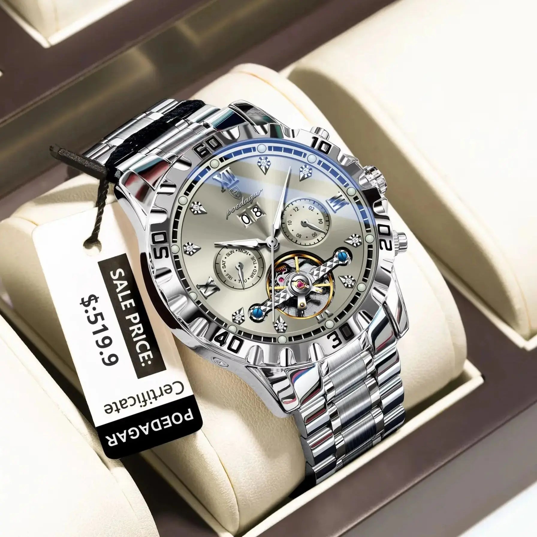 Automatic Tourbillon Style Watch – Sapphire Crystal with Week Display & Hidden Clasp